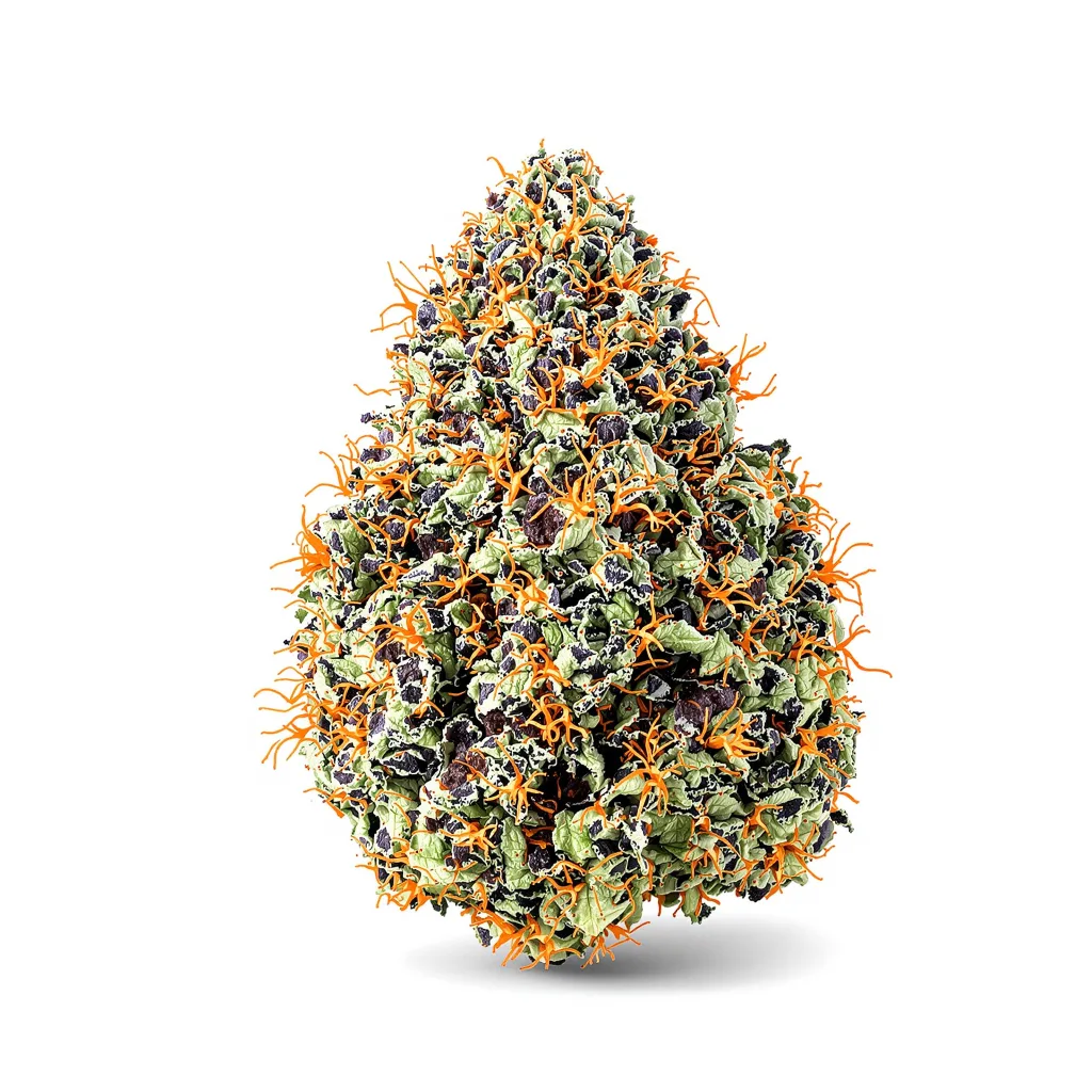 Batman OG 84% Indica / 16% Sativa — Blüte mit sichtbaren Trichomen