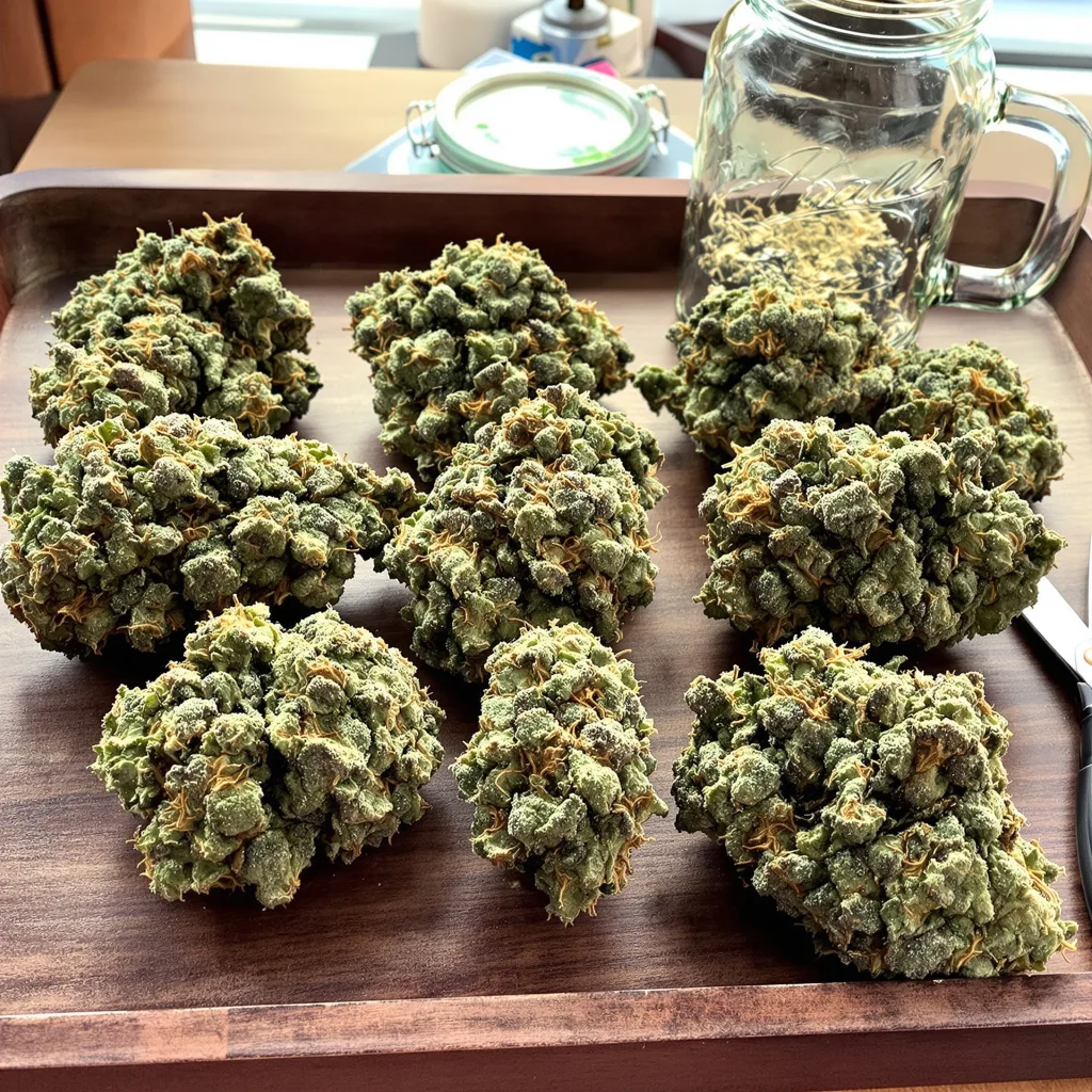 Bay 11 50% Indica / 50% Sativa — Blüte mit sichtbaren Trichomen