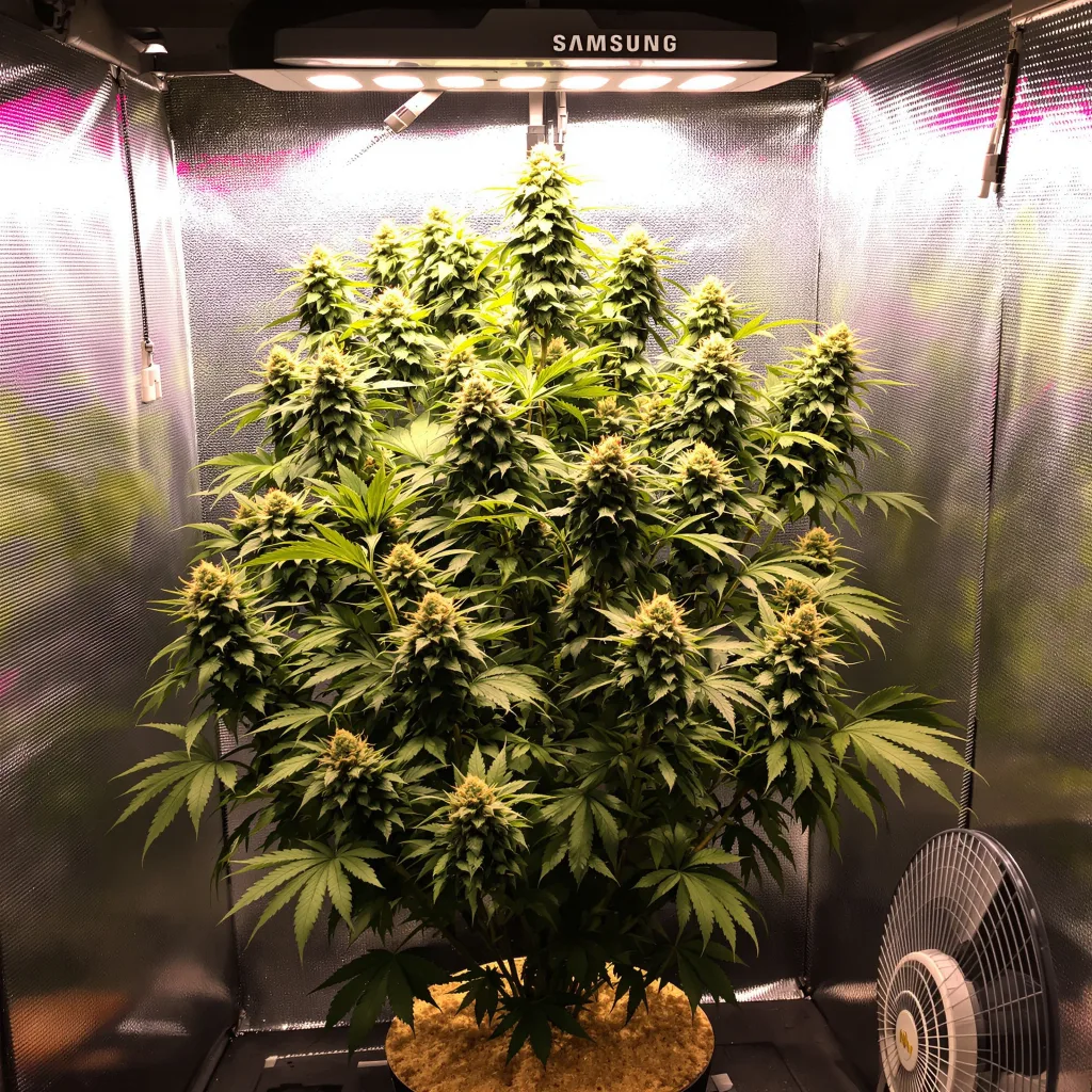 Bay 11 50% Indica / 50% Sativa — Blüte mit sichtbaren Trichomen