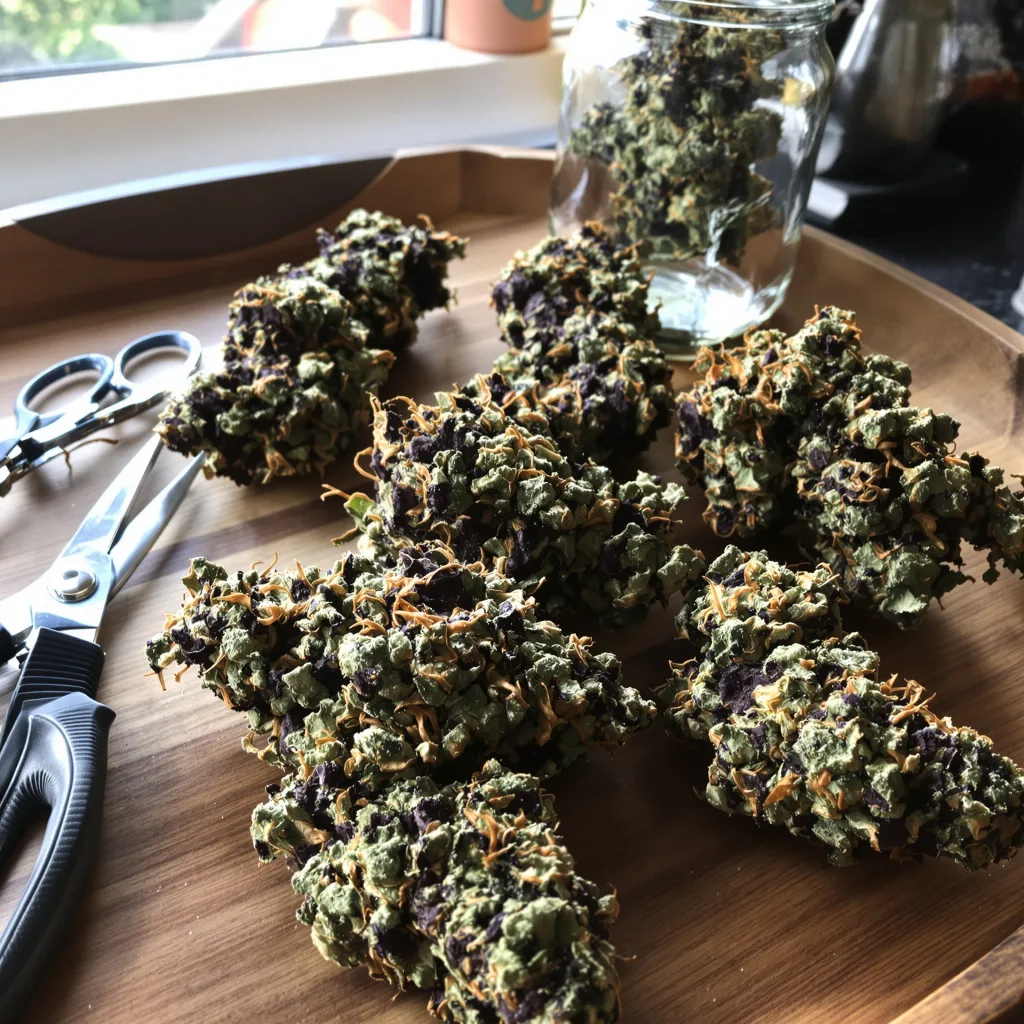Berry White 73% Indica / 27% Sativa — Blüte mit sichtbaren Trichomen