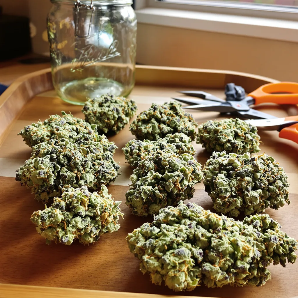 Biddy Early 63% Indica / 37% Sativa — Blüte mit sichtbaren Trichomen