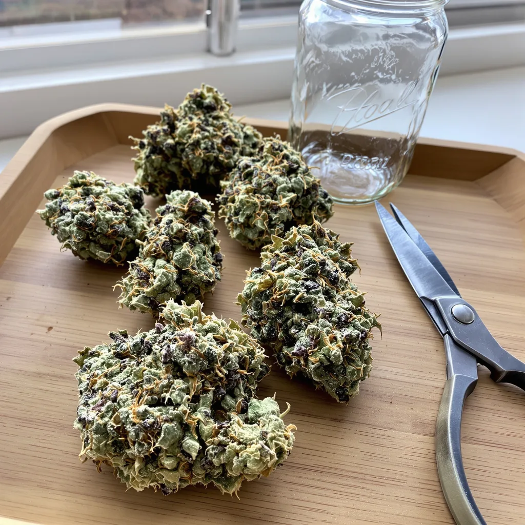 Big Buddha Cheese 60% Indica / 40% Sativa — Blüte mit sichtbaren Trichomen