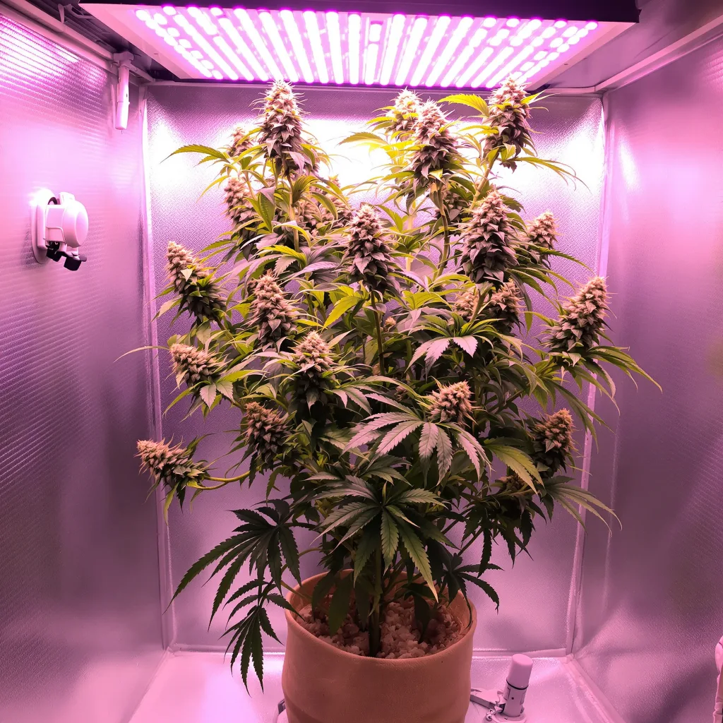 Big Buddha Cheese 60% Indica / 40% Sativa — Blüte mit sichtbaren Trichomen