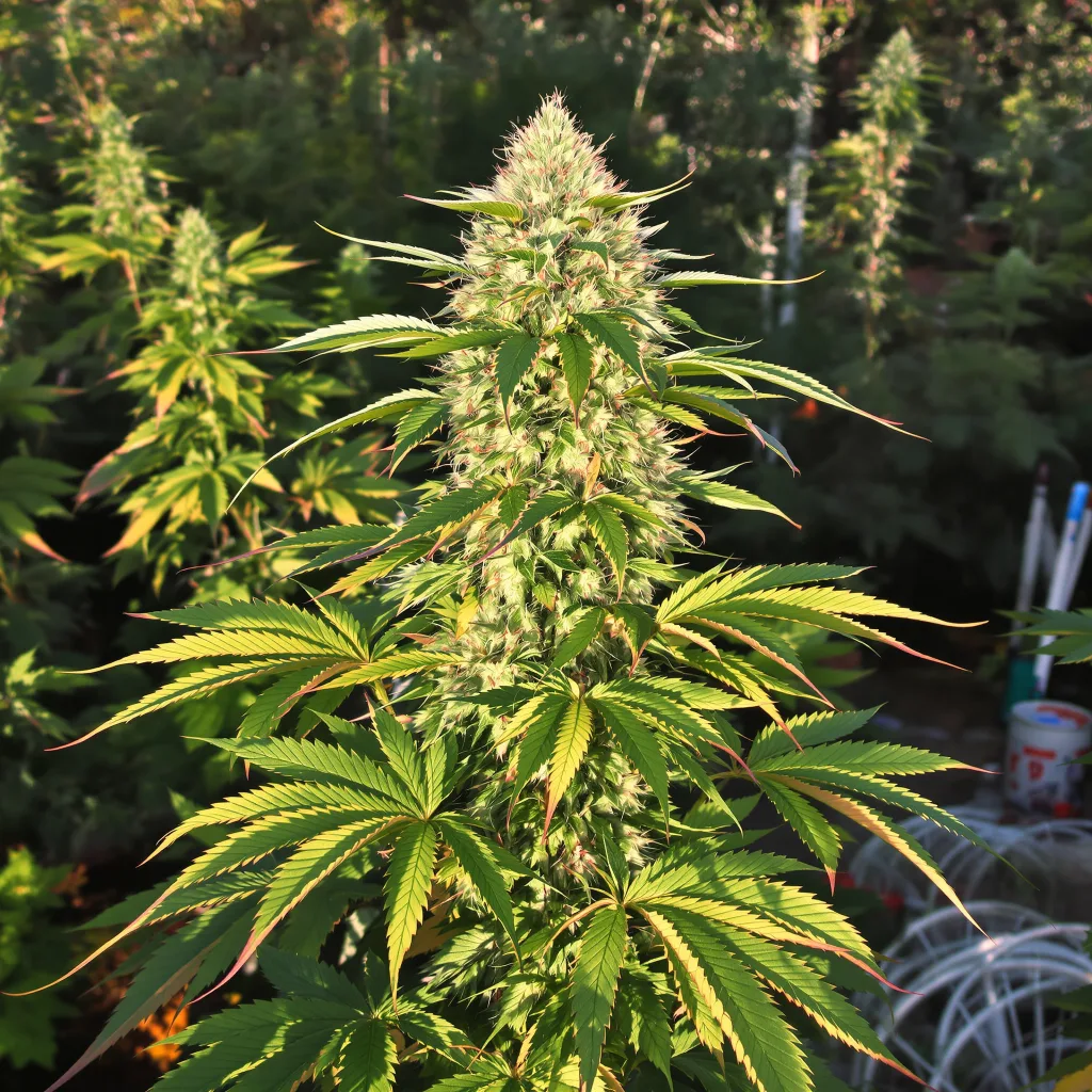 Big Cheese 84% Indica / 16% Sativa — Blüte mit sichtbaren Trichomen
