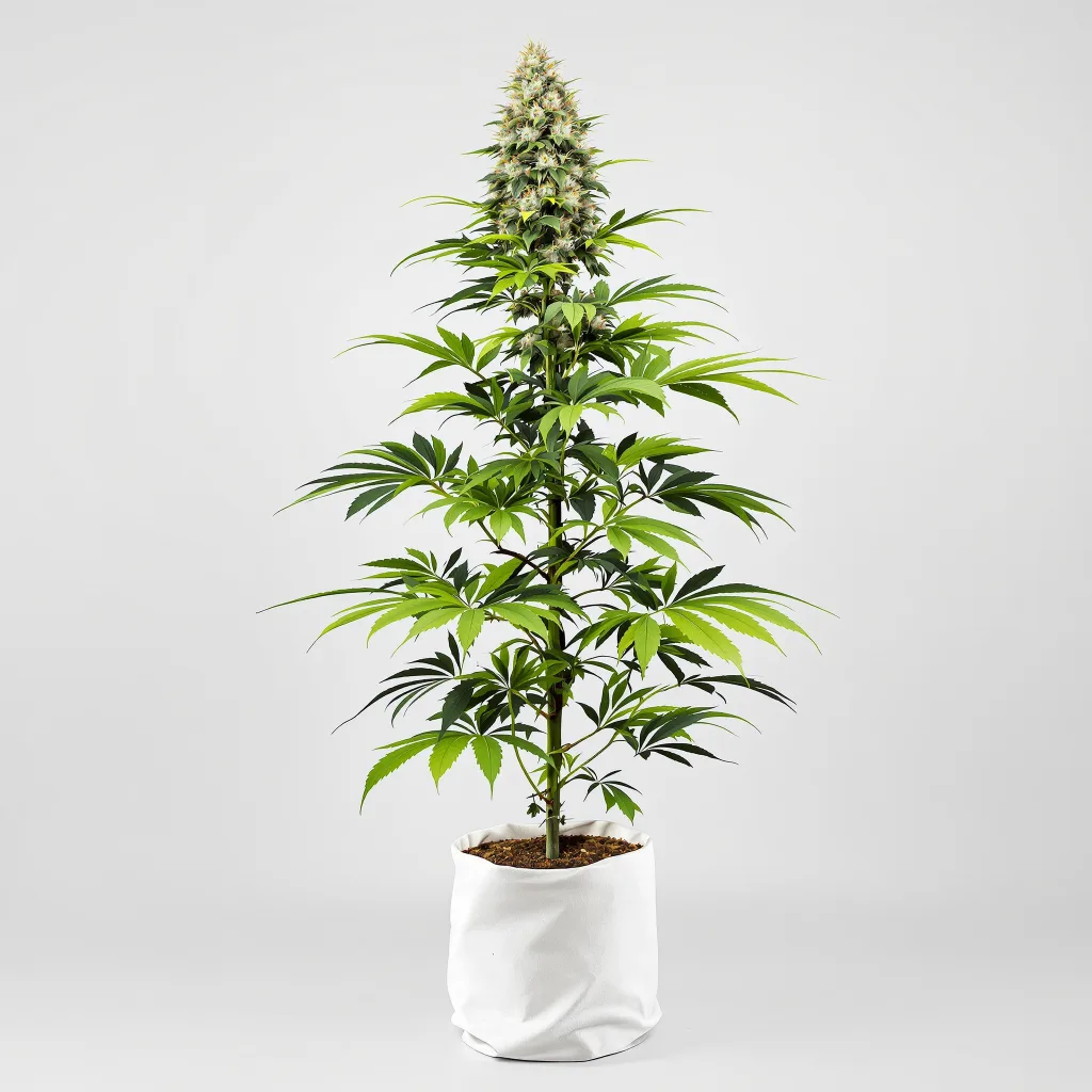 Big Devil Cannabisblüte Nahaufnahme mit ausgewogene Blütenstruktur mit eisigen Trichomen