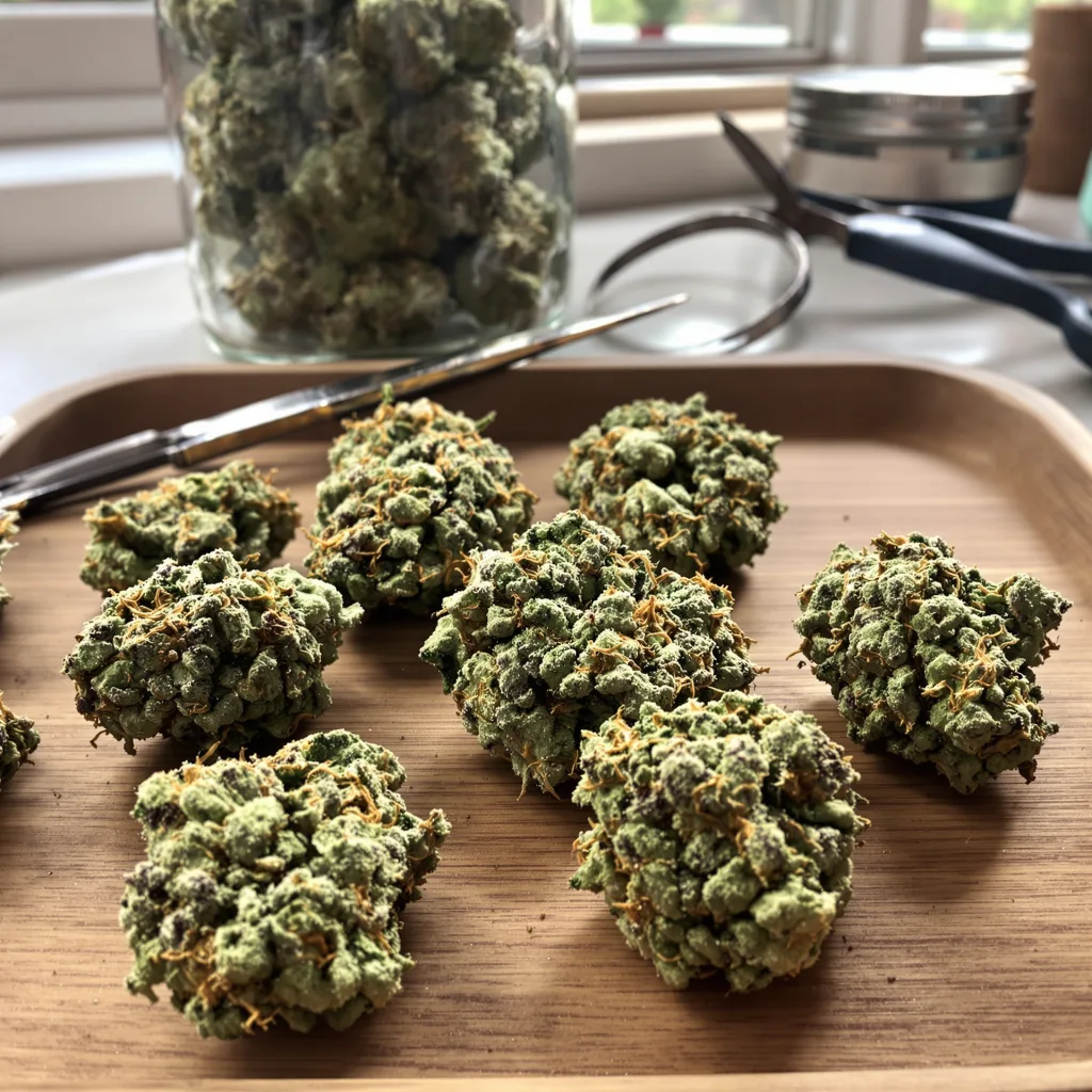 Big Devil 44% Indica / 56% Sativa — Blüte mit sichtbaren Trichomen