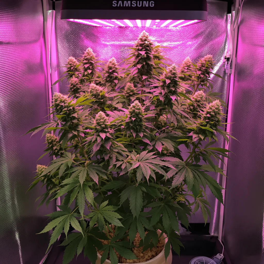 Big Devil 44% Indica / 56% Sativa — Blüte mit sichtbaren Trichomen
