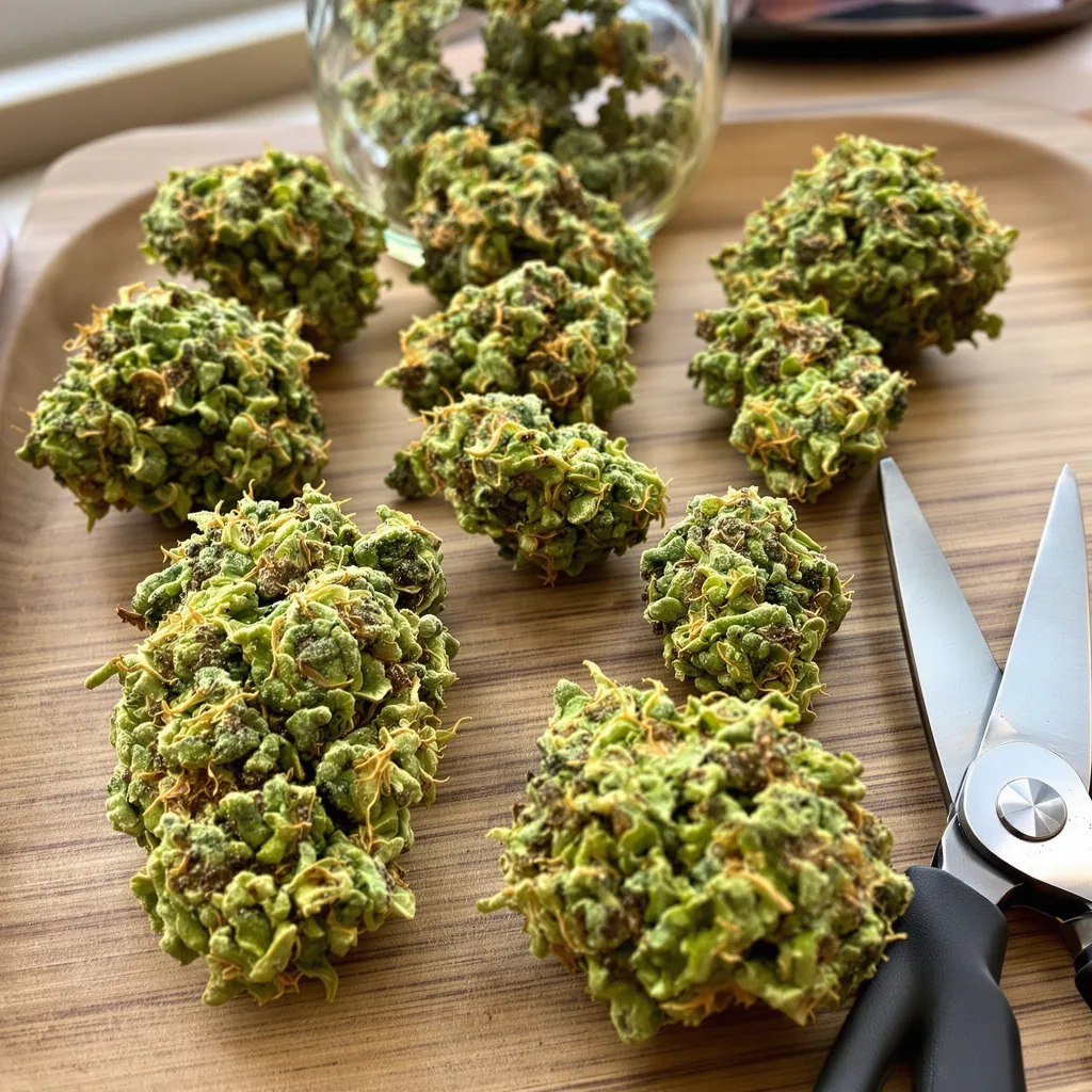 Big Sticky 19% Indica / 81% Sativa — Blüte mit sichtbaren Trichomen