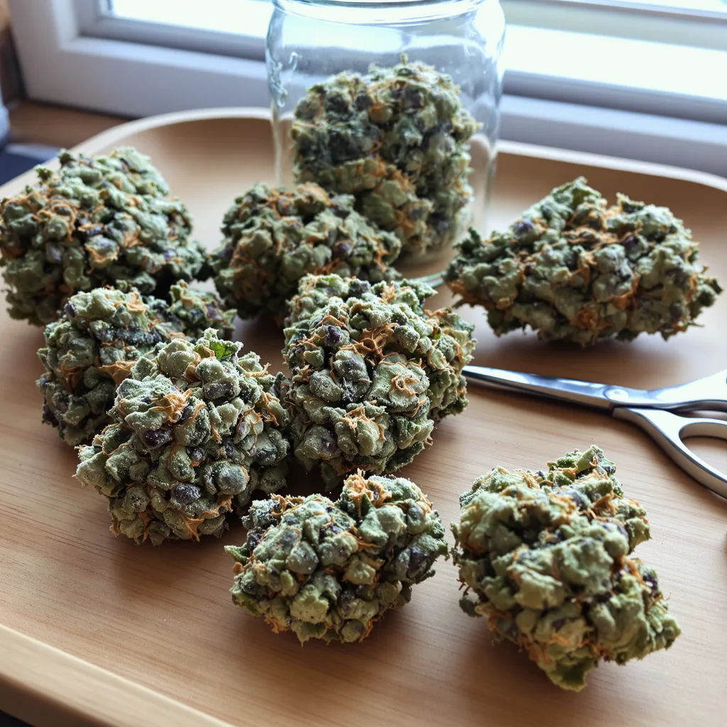 Bio Diesel 42% Indica / 58% Sativa — Blüte mit sichtbaren Trichomen