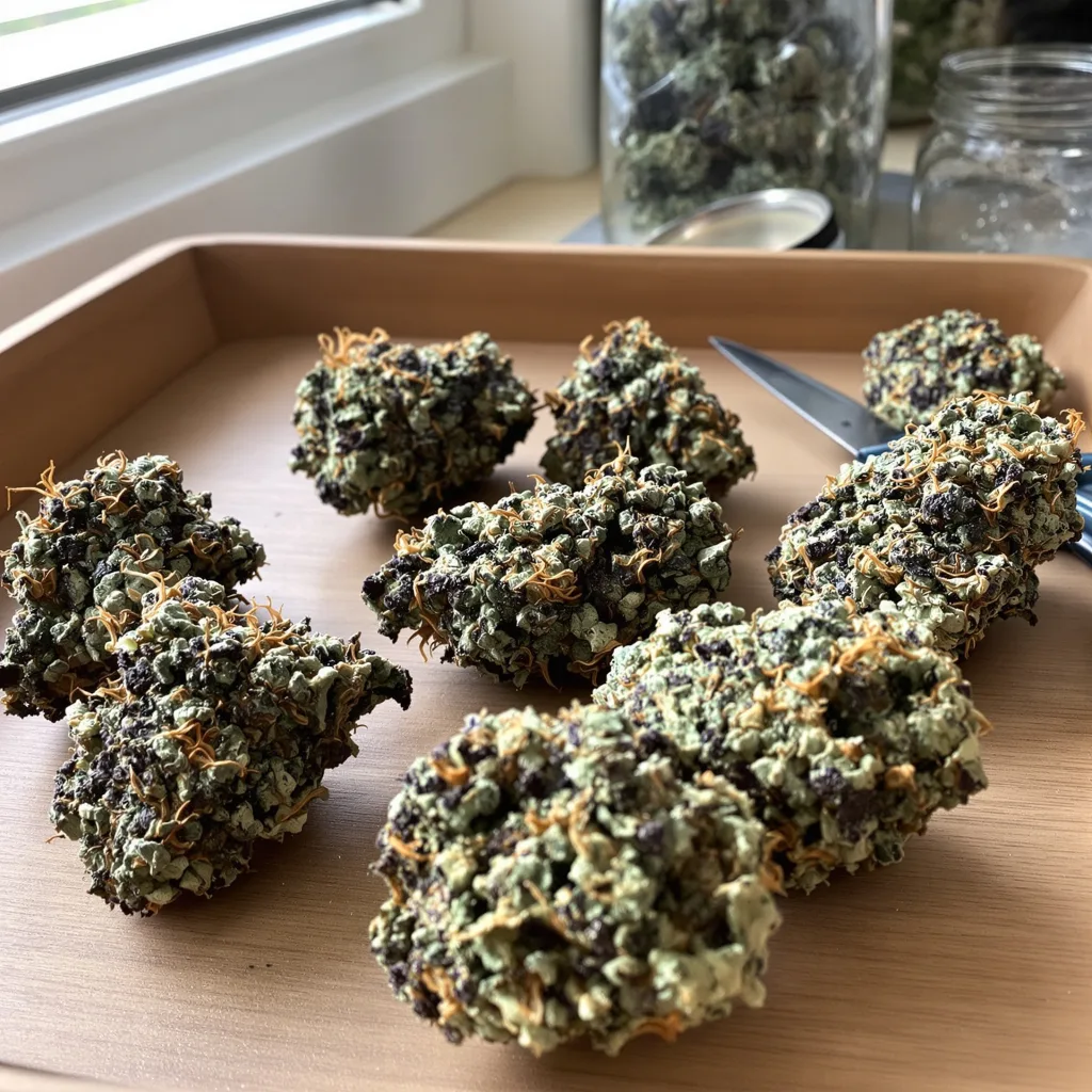 Black 84 86% Indica / 14% Sativa — Blüte mit sichtbaren Trichomen