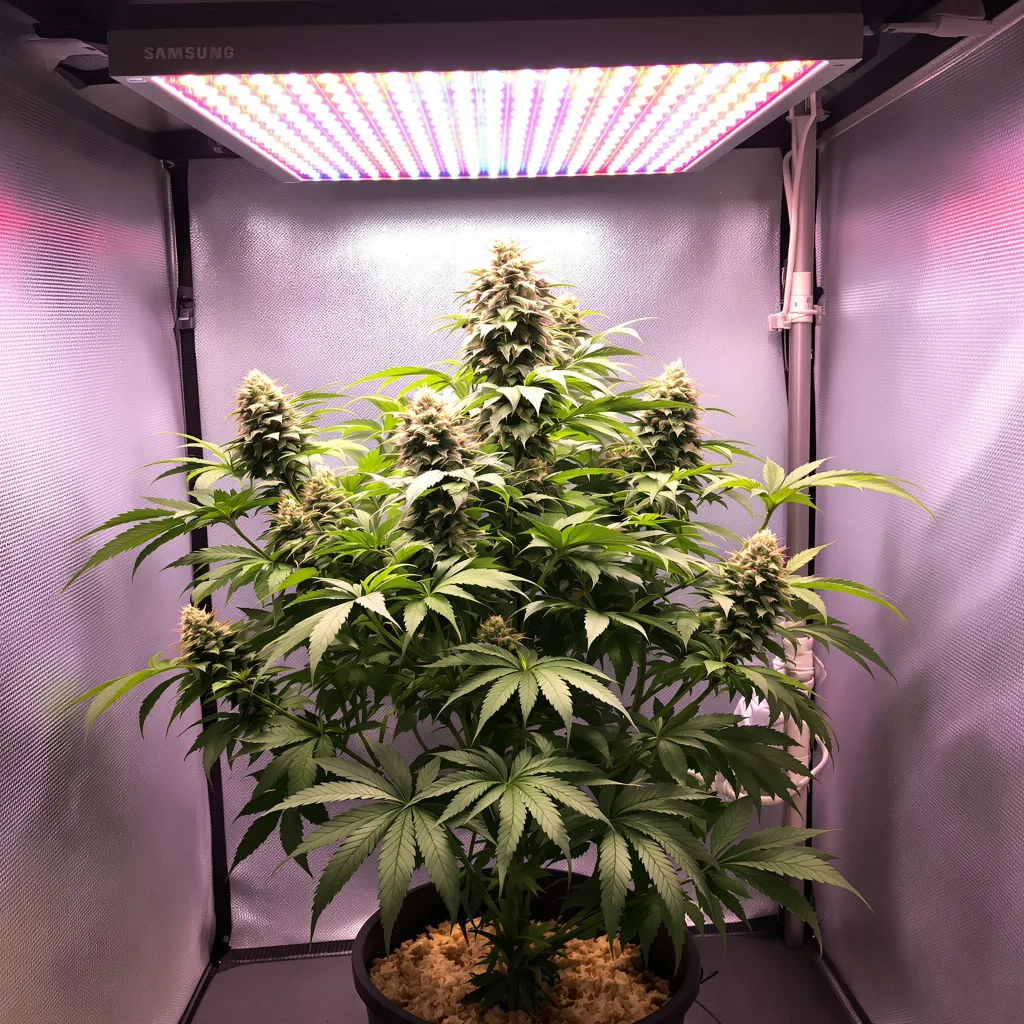 Black Afghan 81% Indica / 19% Sativa — Blüte mit sichtbaren Trichomen