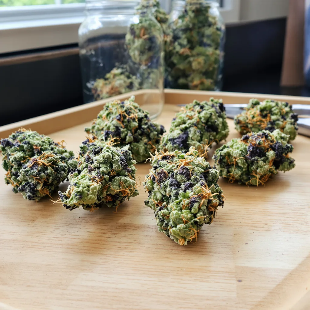 Black Betty 47% Indica / 53% Sativa — Blüte mit sichtbaren Trichomen