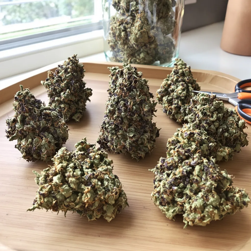 Black Demon OG 72% Indica / 28% Sativa — Blüte mit sichtbaren Trichomen