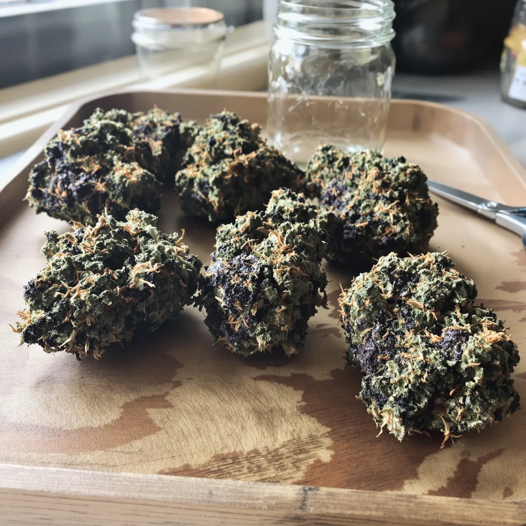 Black Domina 65% Indica / 35% Sativa — Blüte mit sichtbaren Trichomen