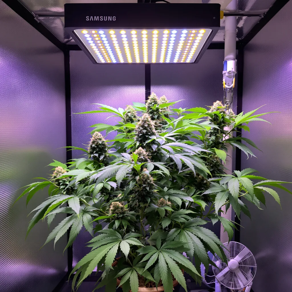 Black Domina 65% Indica / 35% Sativa — Blüte mit sichtbaren Trichomen