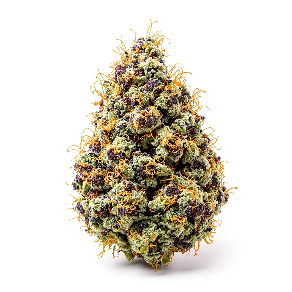 Black Domina 65% Indica / 35% Sativa — Blüte mit sichtbaren Trichomen
