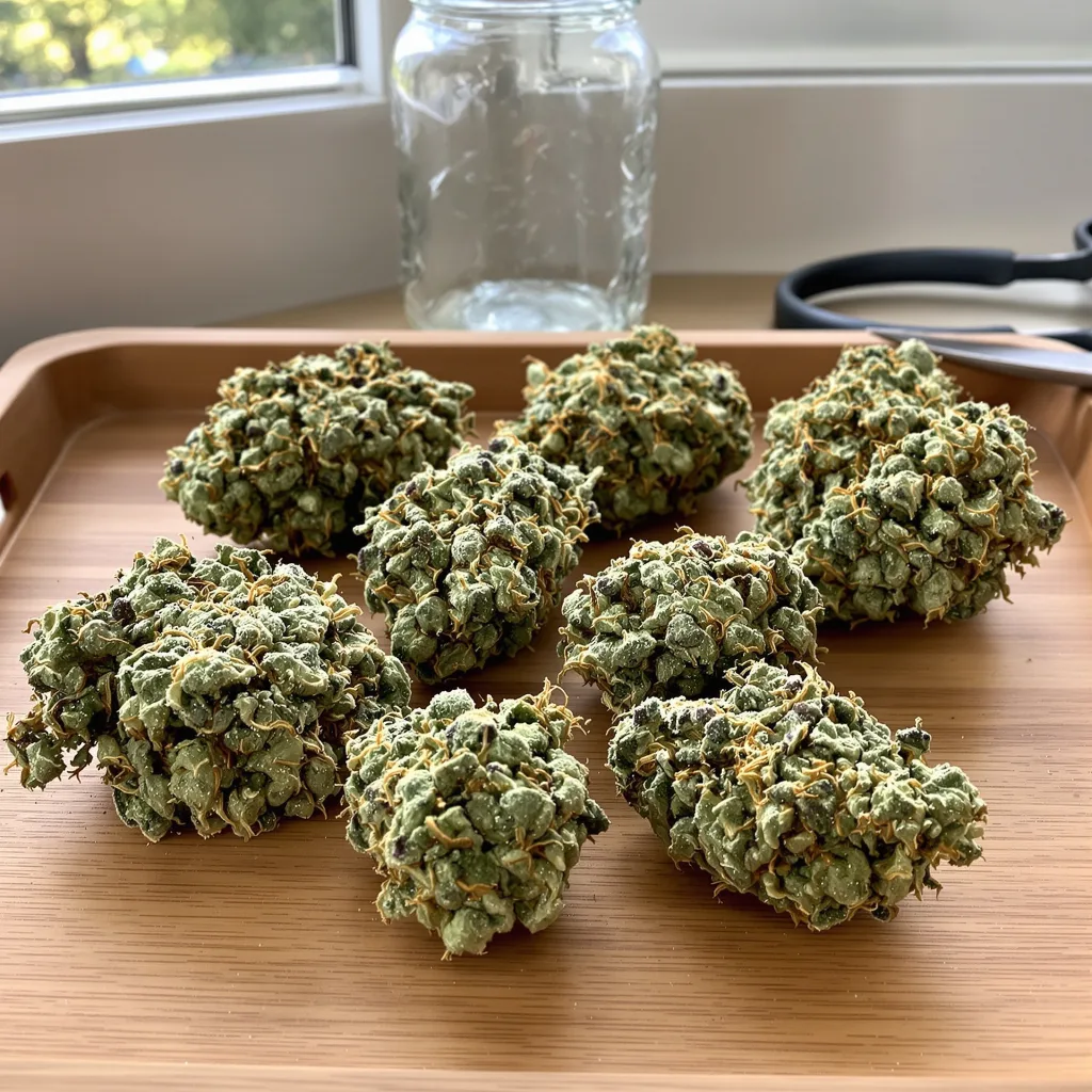 Blackberry Pie 51% Indica / 49% Sativa — Blüte mit sichtbaren Trichomen