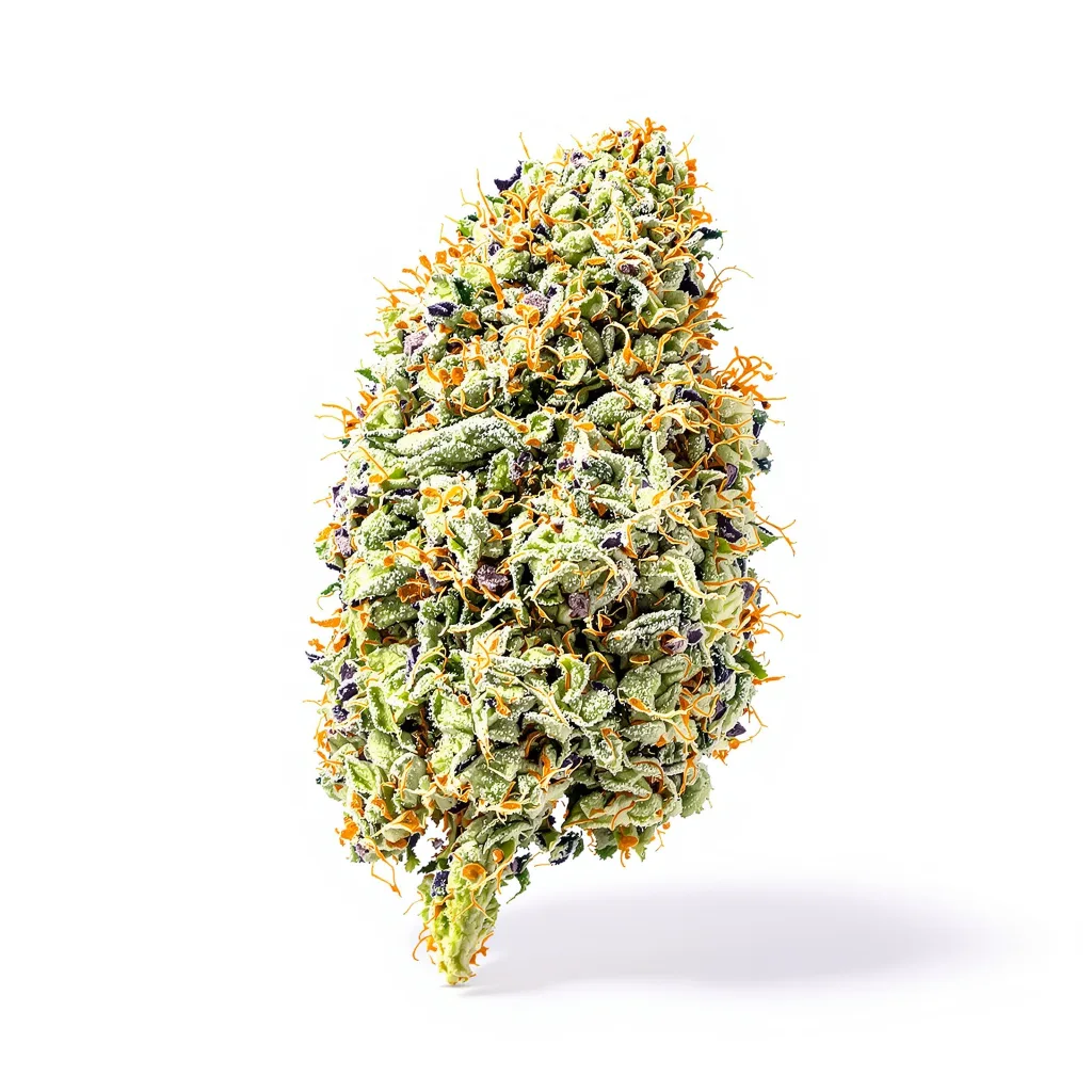 Blackberry Pie 51% Indica / 49% Sativa — Blüte mit sichtbaren Trichomen