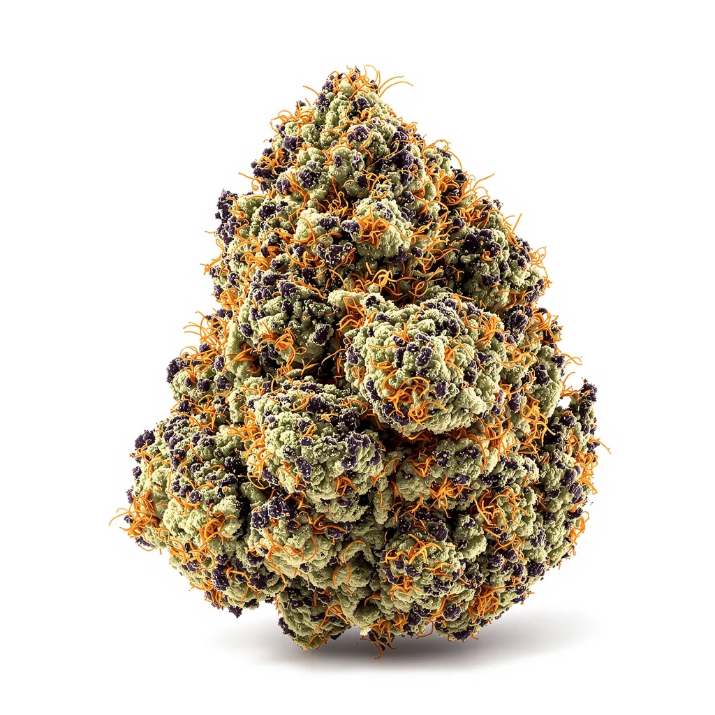Blackberry Rhino 74% Indica / 26% Sativa — Blüte mit sichtbaren Trichomen
