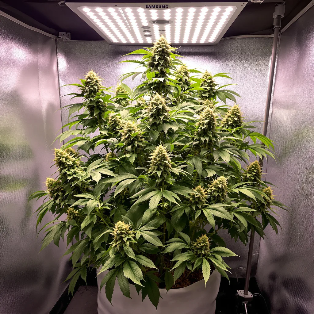 Blackwater 83% Indica / 17% Sativa — Blüte mit sichtbaren Trichomen