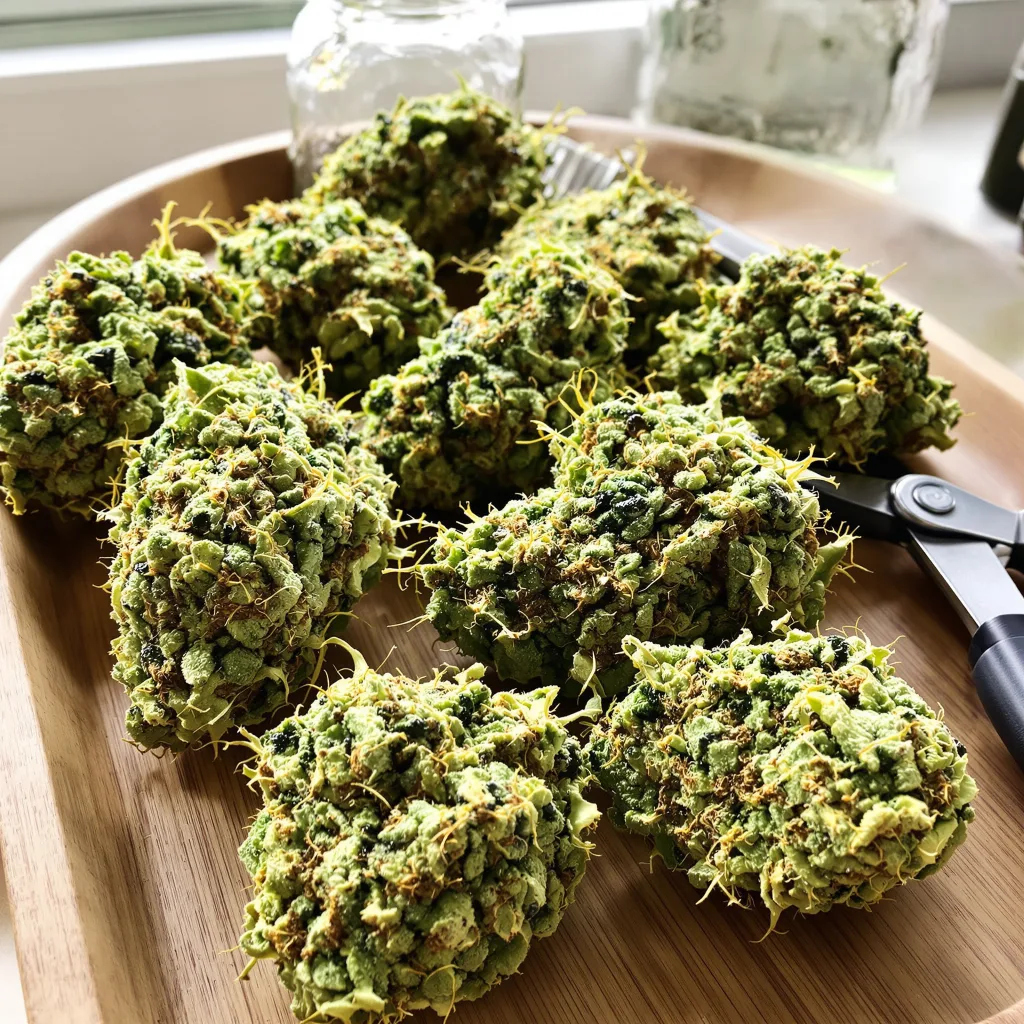 Blob OG 21% Indica / 79% Sativa — Blüte mit sichtbaren Trichomen