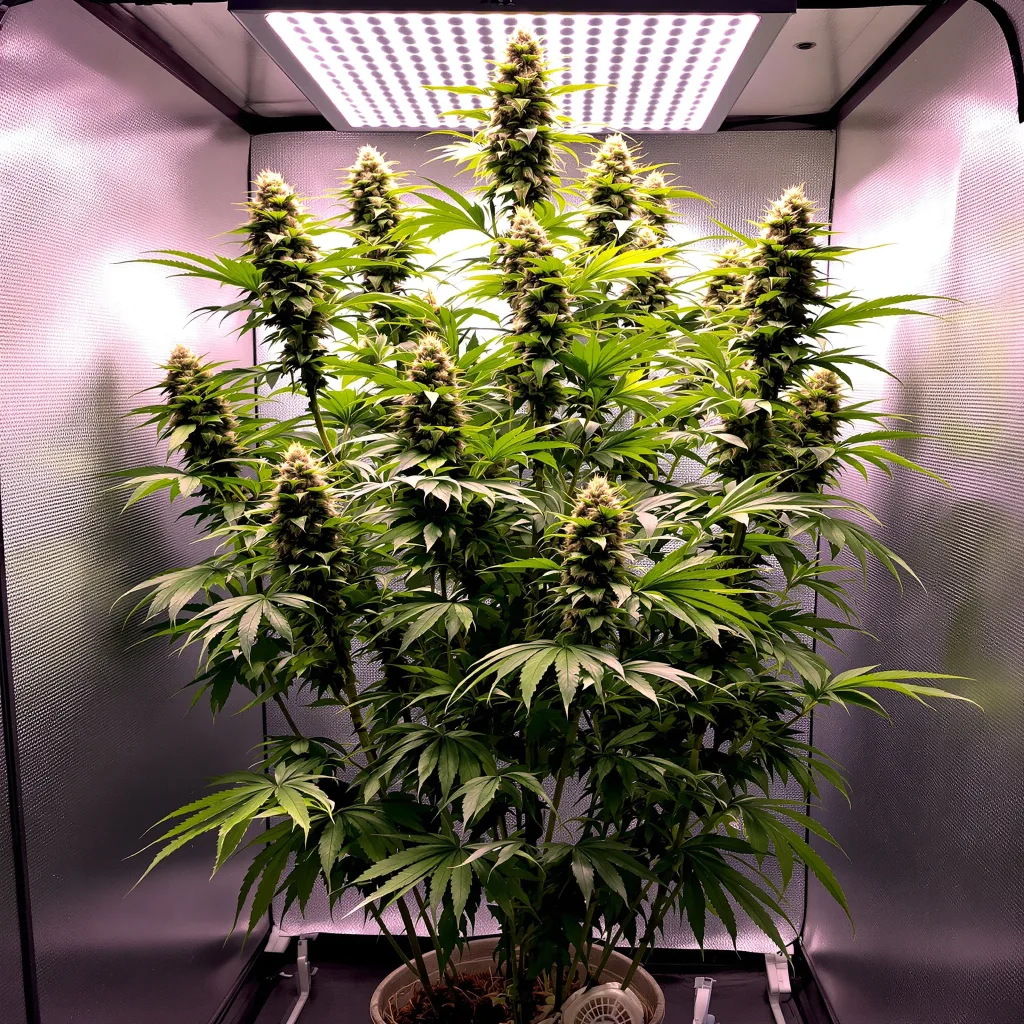 Blob OG 21% Indica / 79% Sativa — Blüte mit sichtbaren Trichomen
