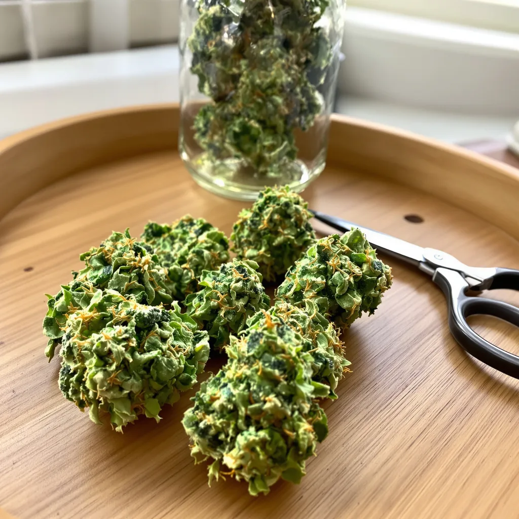 Blue Amnesia 10% Indica / 90% Sativa — Blüte mit sichtbaren Trichomen