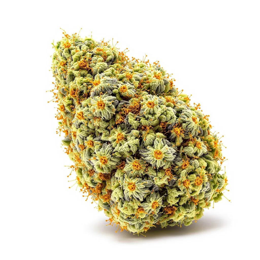 Blue Amnesia 10% Indica / 90% Sativa — Blüte mit sichtbaren Trichomen