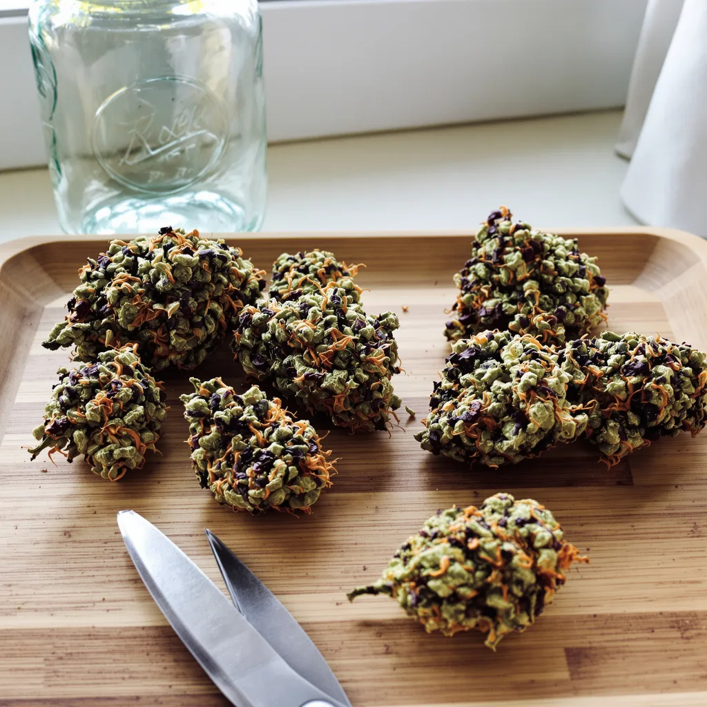 Blue Biscotti 75% Indica / 25% Sativa — Blüte mit sichtbaren Trichomen