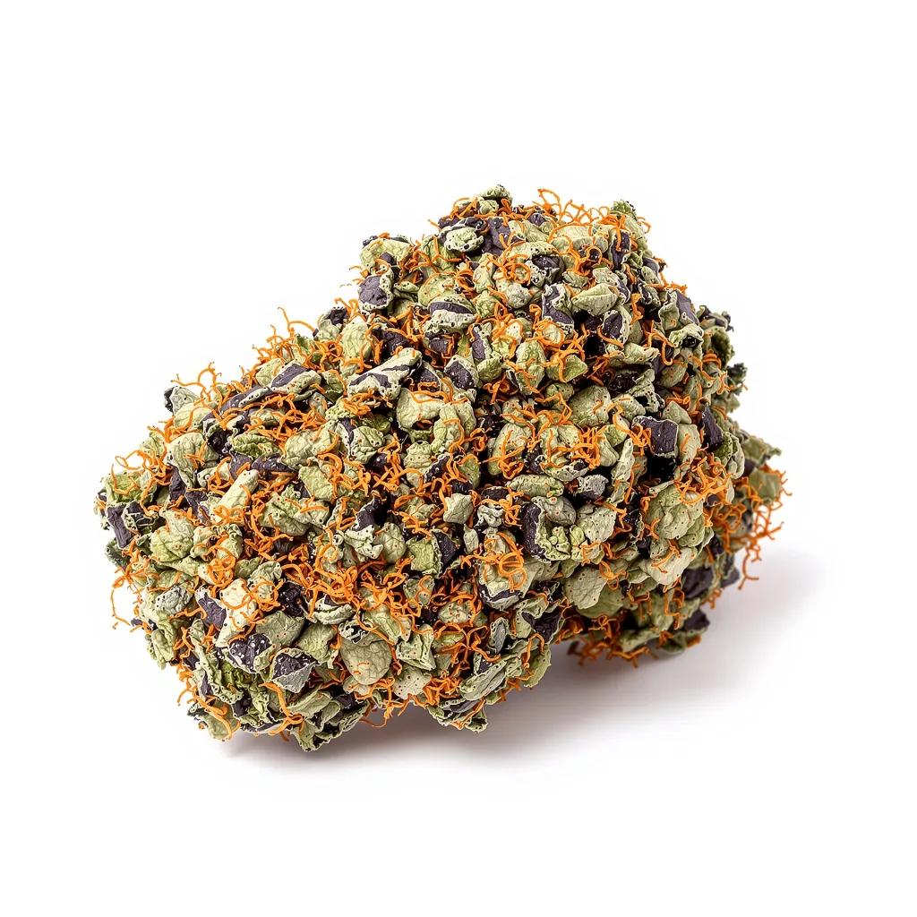 Blue Biscotti 75% Indica / 25% Sativa — Blüte mit sichtbaren Trichomen