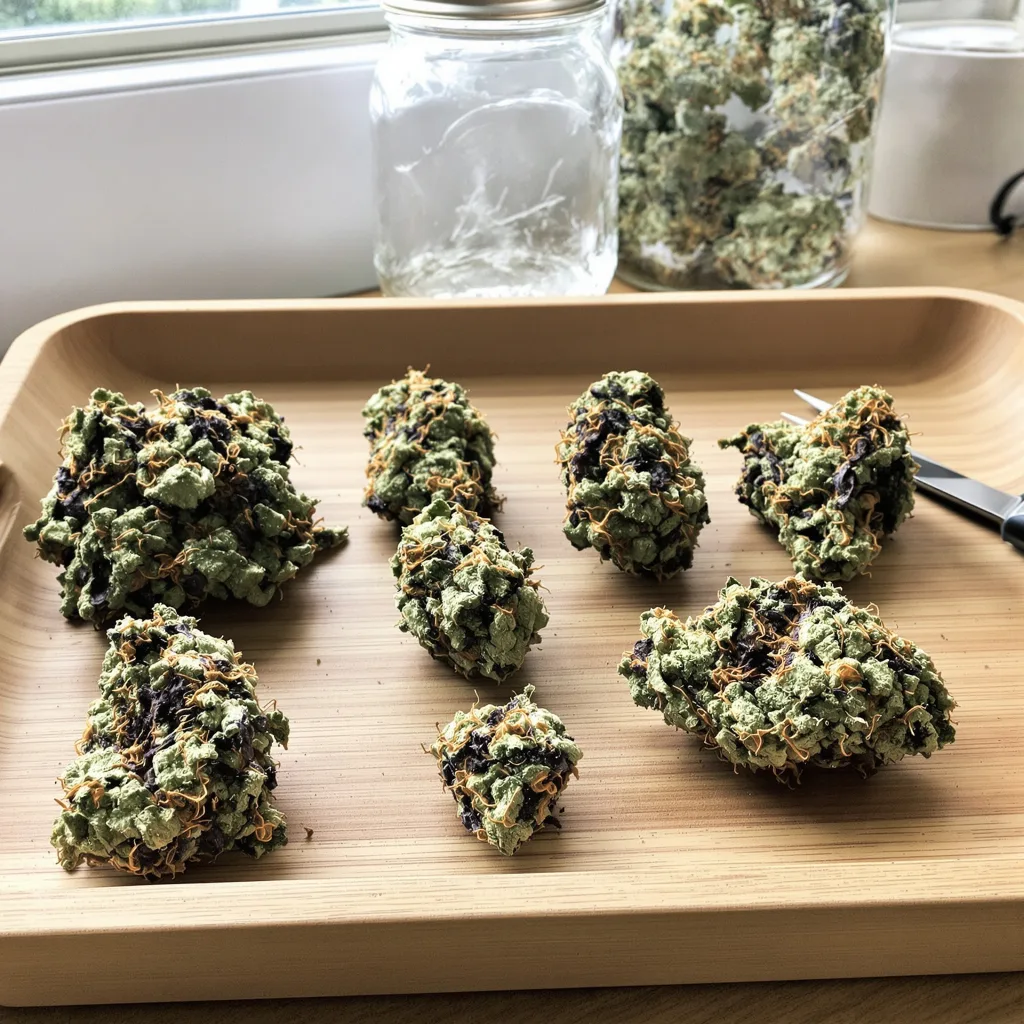 Blue Blood 72% Indica / 28% Sativa — Blüte mit sichtbaren Trichomen