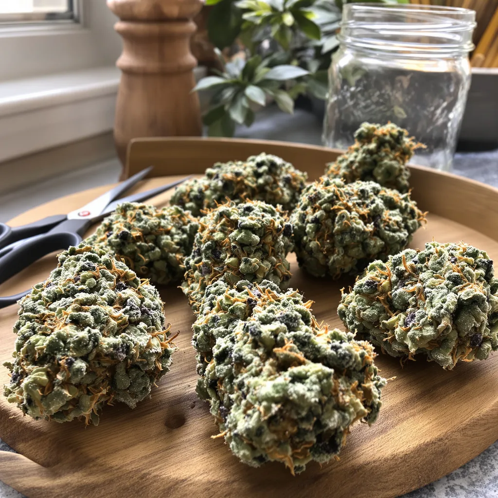 Blue Cheese 60% Indica / 40% Sativa — Blüte mit sichtbaren Trichomen