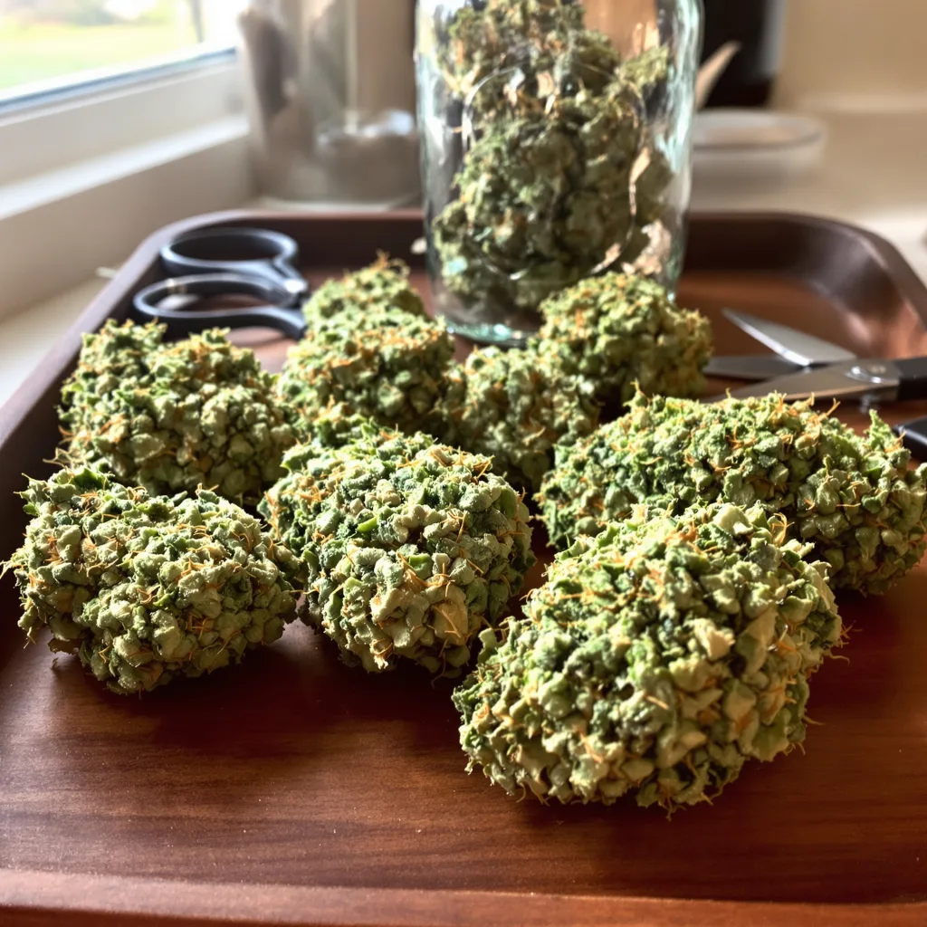 Blue Cinex 23% Indica / 77% Sativa — Blüte mit sichtbaren Trichomen