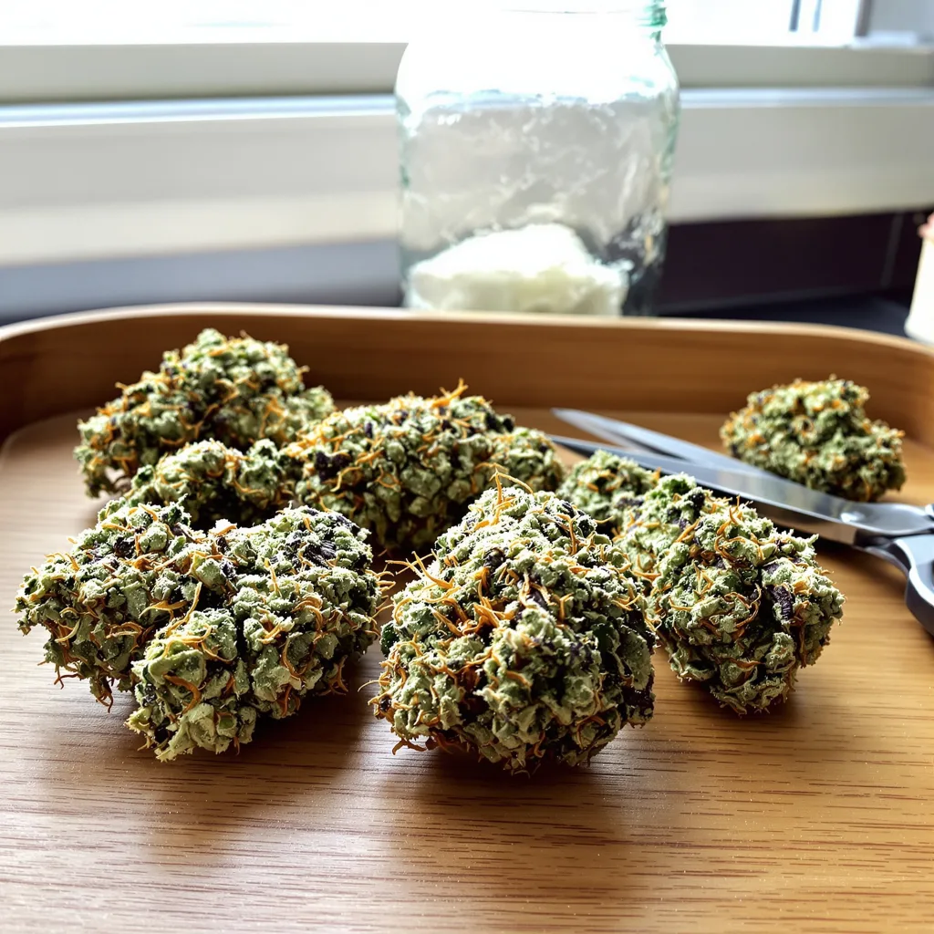 Blue Cookies 60% Indica / 40% Sativa — Blüte mit sichtbaren Trichomen
