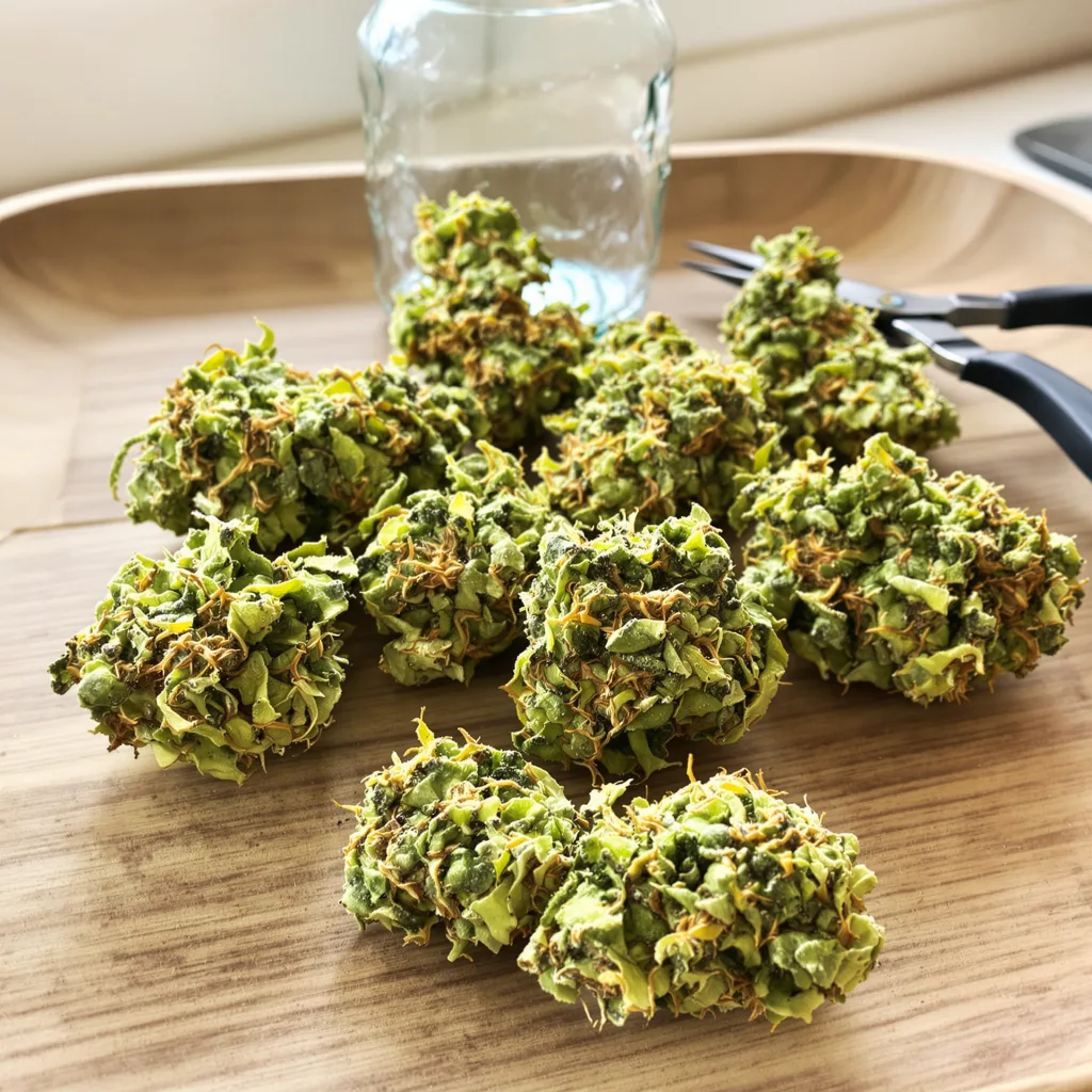 Blue Diamond 14% Indica / 86% Sativa — Blüte mit sichtbaren Trichomen