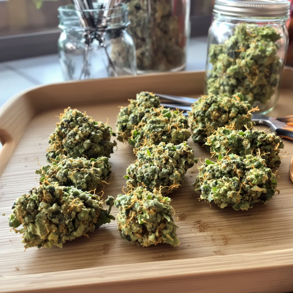 Blue Dream 19% Indica / 81% Sativa — Blüte mit sichtbaren Trichomen