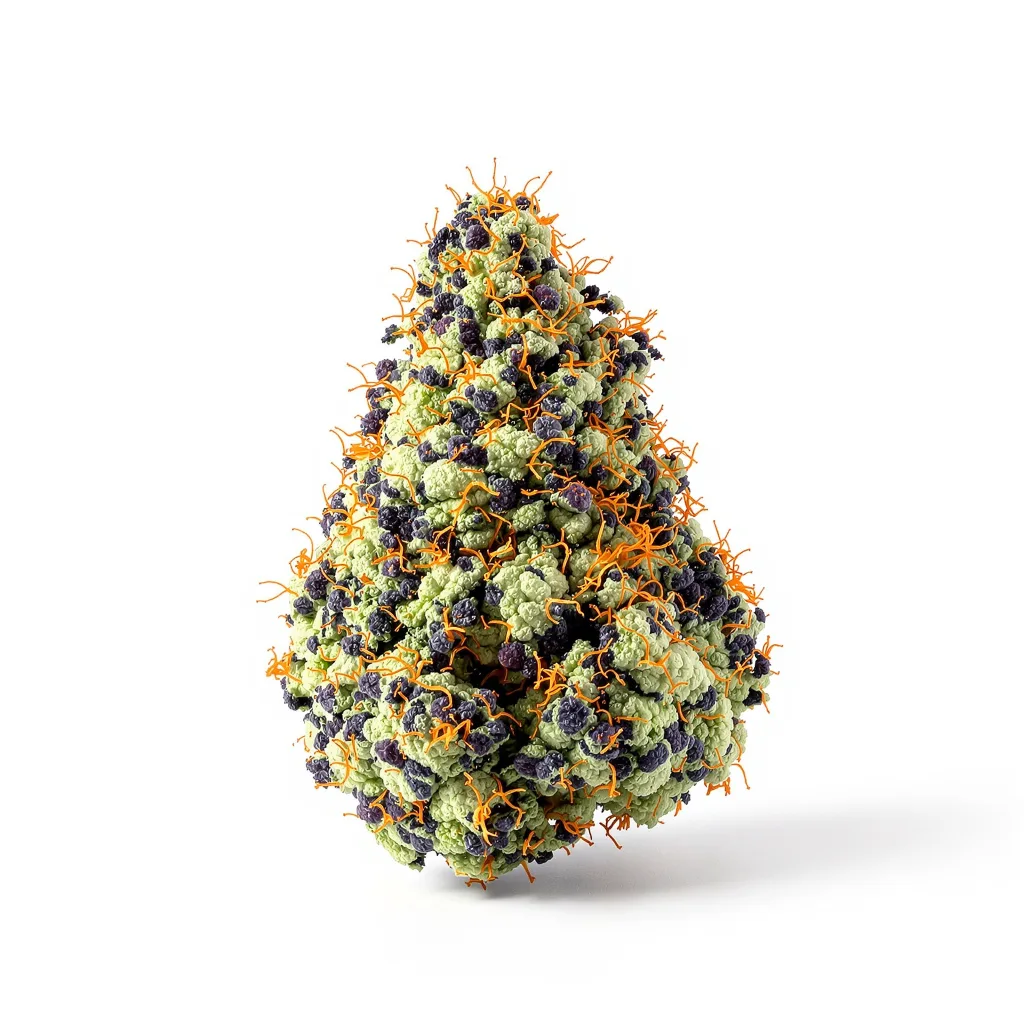 Blue Fruit 86% Indica / 14% Sativa — Blüte mit sichtbaren Trichomen