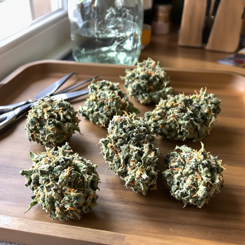 Blue Goo 35% Indica / 65% Sativa — Blüte mit sichtbaren Trichomen