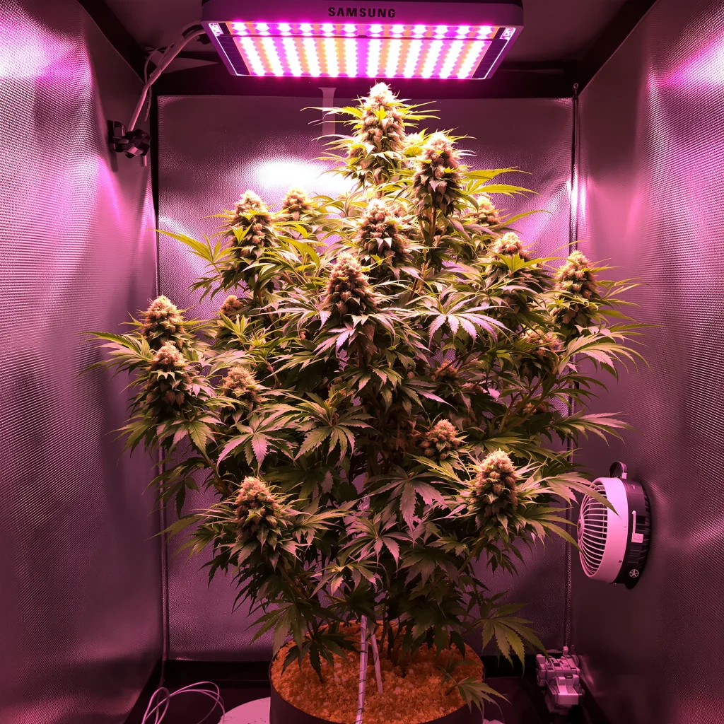 Blue Goo 35% Indica / 65% Sativa — Blüte mit sichtbaren Trichomen