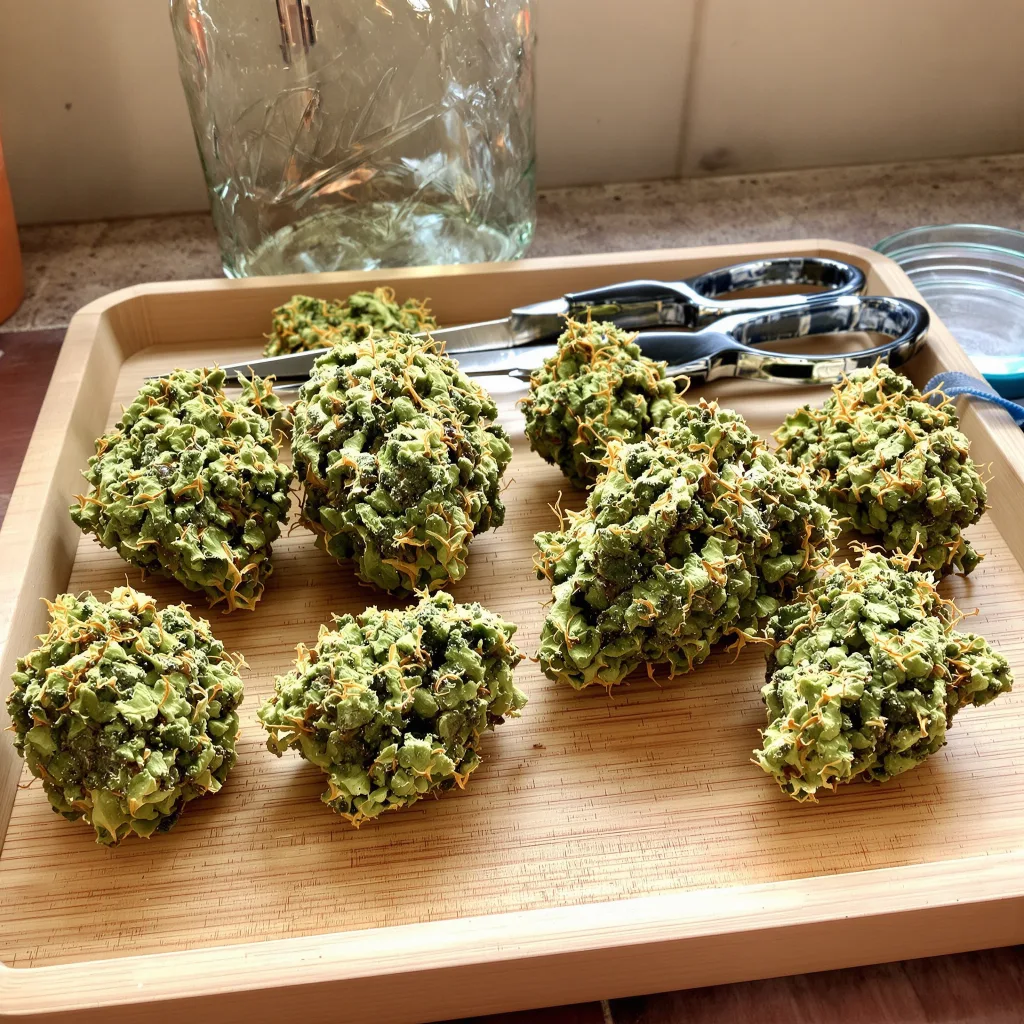 Blue Kiss 12% Indica / 88% Sativa — Blüte mit sichtbaren Trichomen