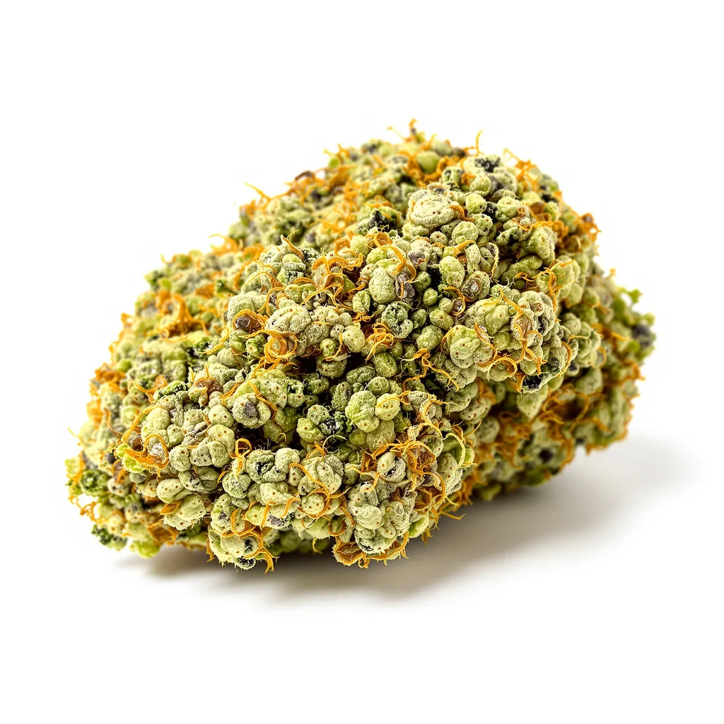 Blue Kiss 12% Indica / 88% Sativa — Blüte mit sichtbaren Trichomen