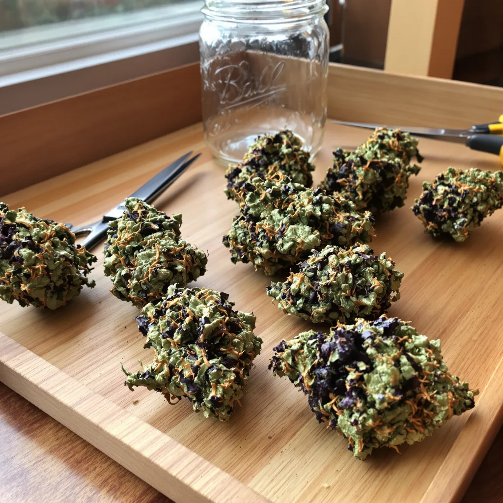 Blue Knight 76% Indica / 24% Sativa — Blüte mit sichtbaren Trichomen