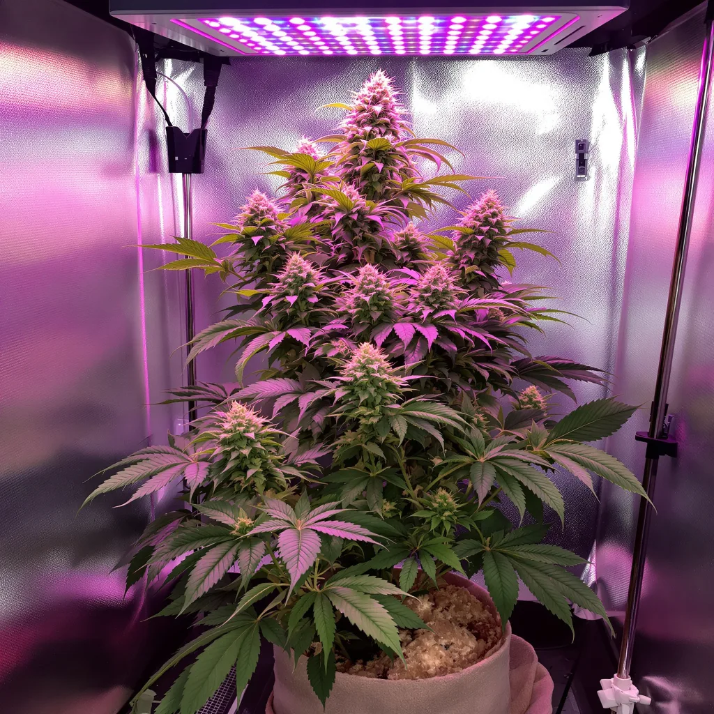 Blue Knight 76% Indica / 24% Sativa — Blüte mit sichtbaren Trichomen