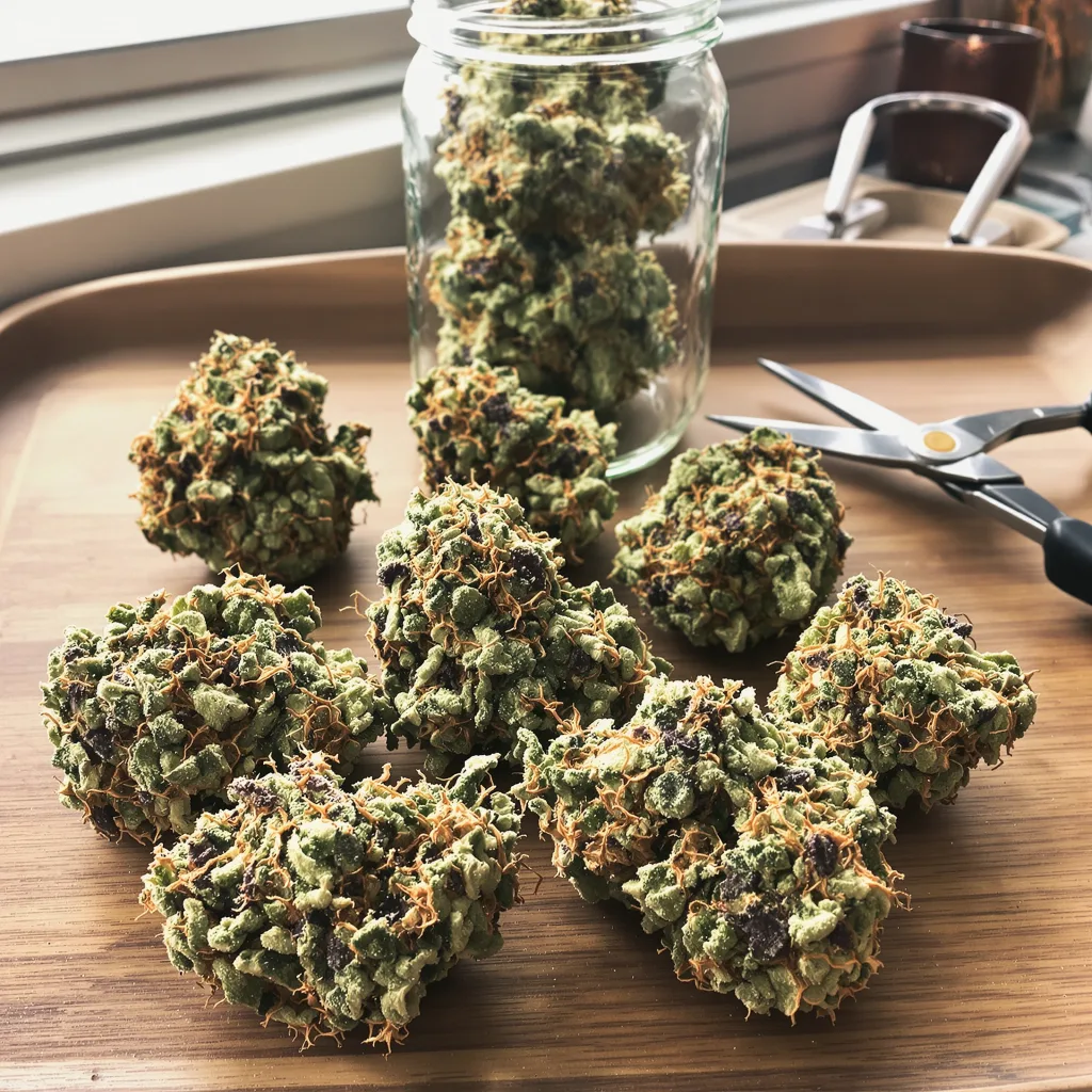 Blue Kush 55% Indica / 45% Sativa — Blüte mit sichtbaren Trichomen