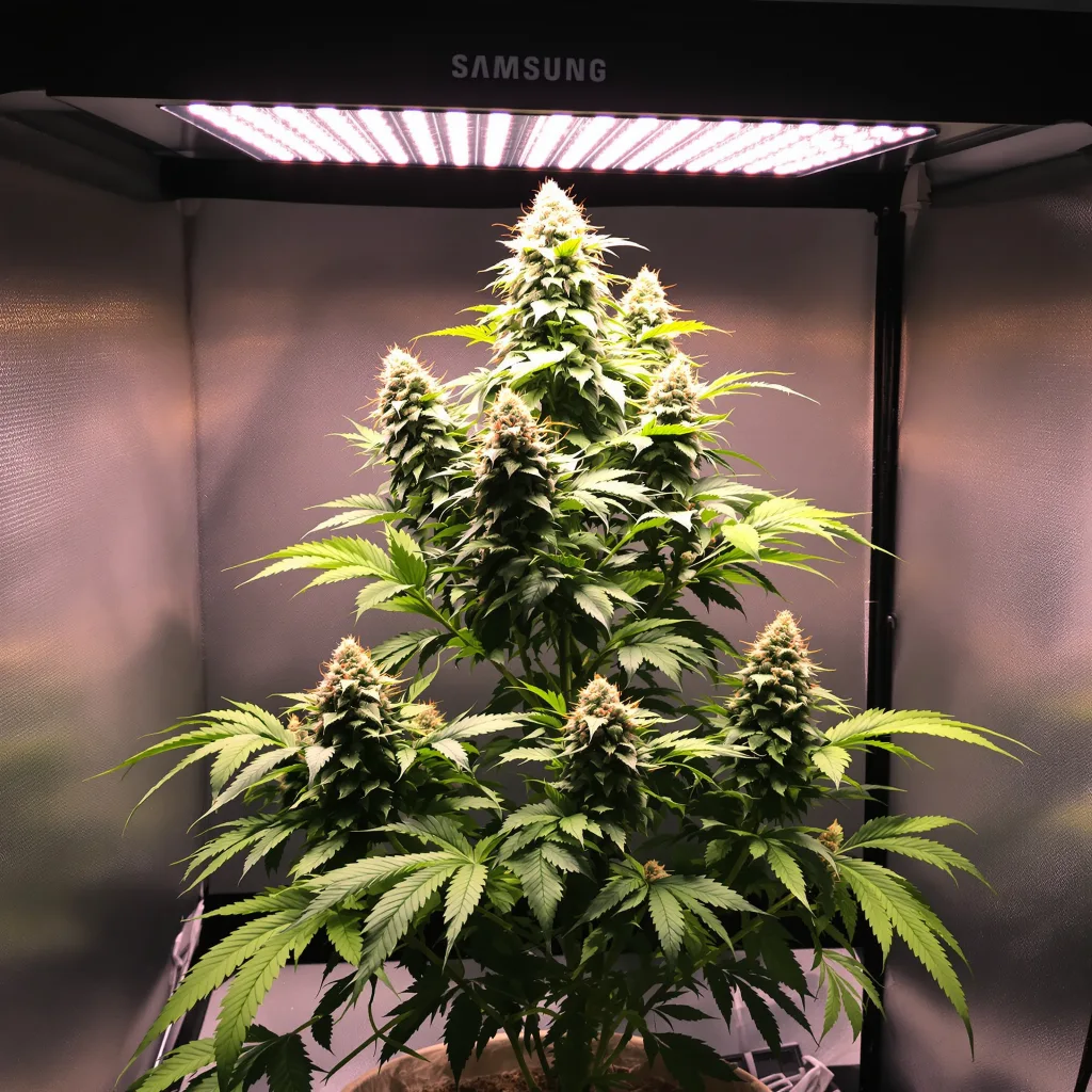 Blue Kush 55% Indica / 45% Sativa — Blüte mit sichtbaren Trichomen