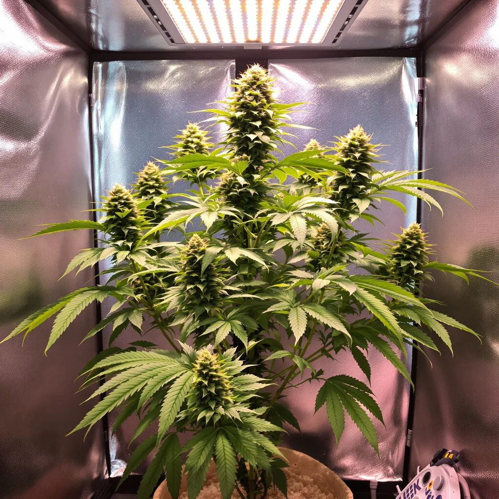 Blue Magoo 88% Indica / 12% Sativa — Blüte mit sichtbaren Trichomen
