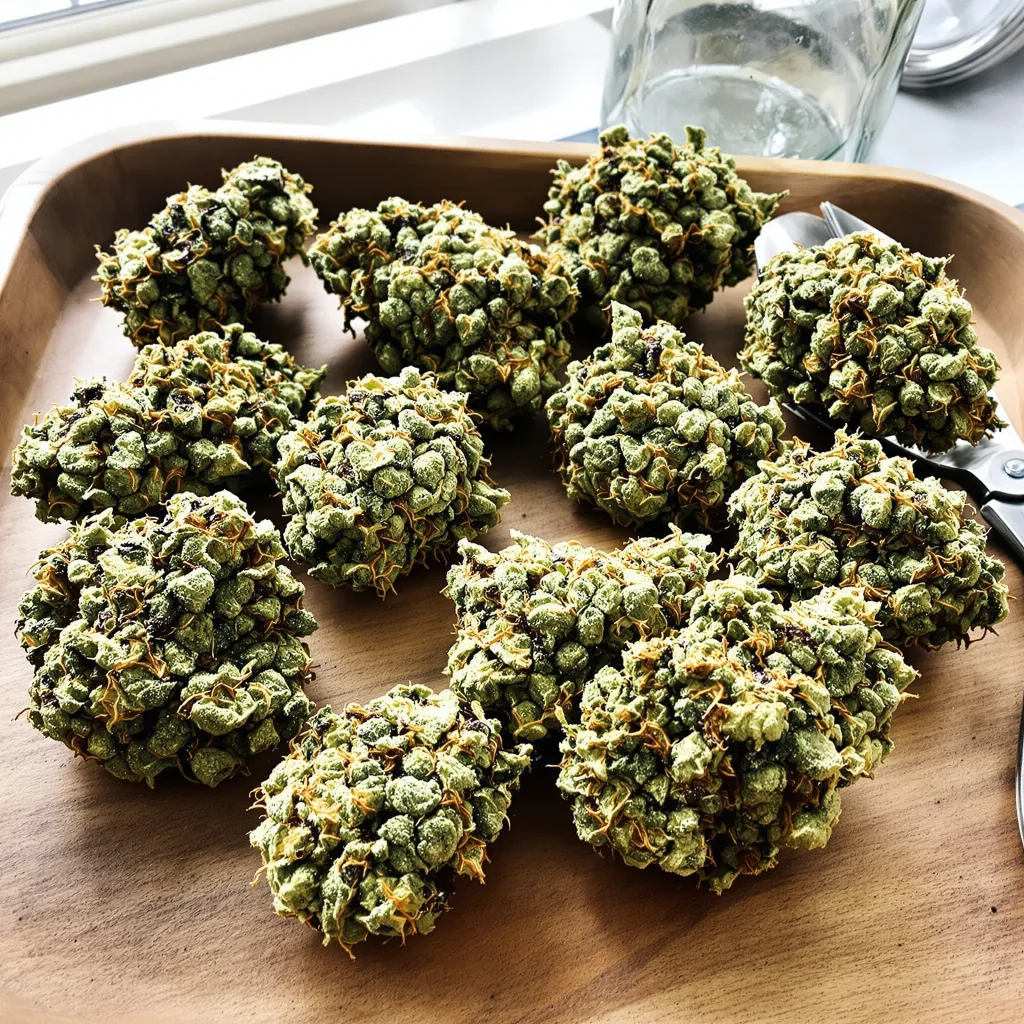 Blue Mango 40% Indica / 60% Sativa — Blüte mit sichtbaren Trichomen