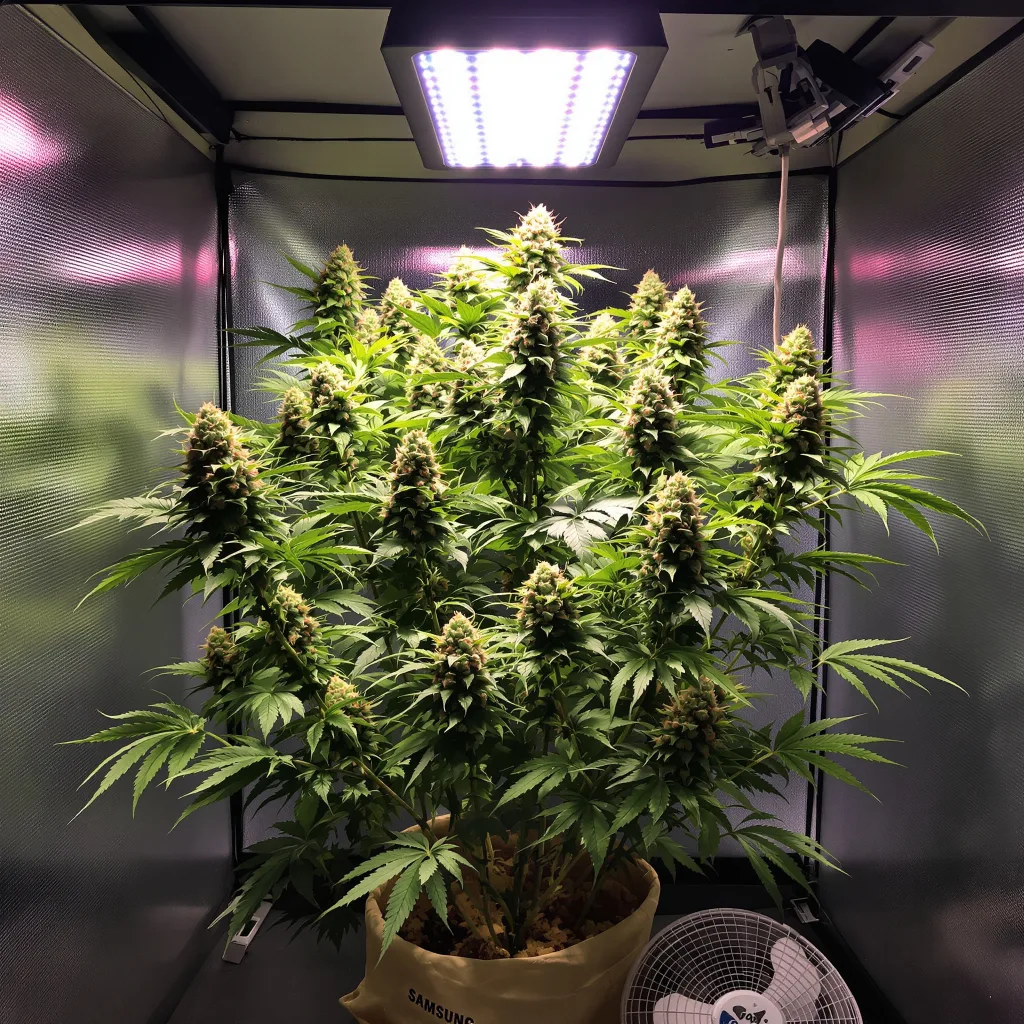 Blue Mango 40% Indica / 60% Sativa — Blüte mit sichtbaren Trichomen