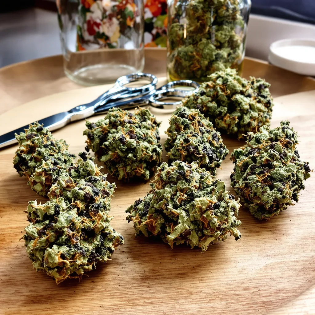 Blue Moon Rocks 72% Indica / 28% Sativa — Blüte mit sichtbaren Trichomen