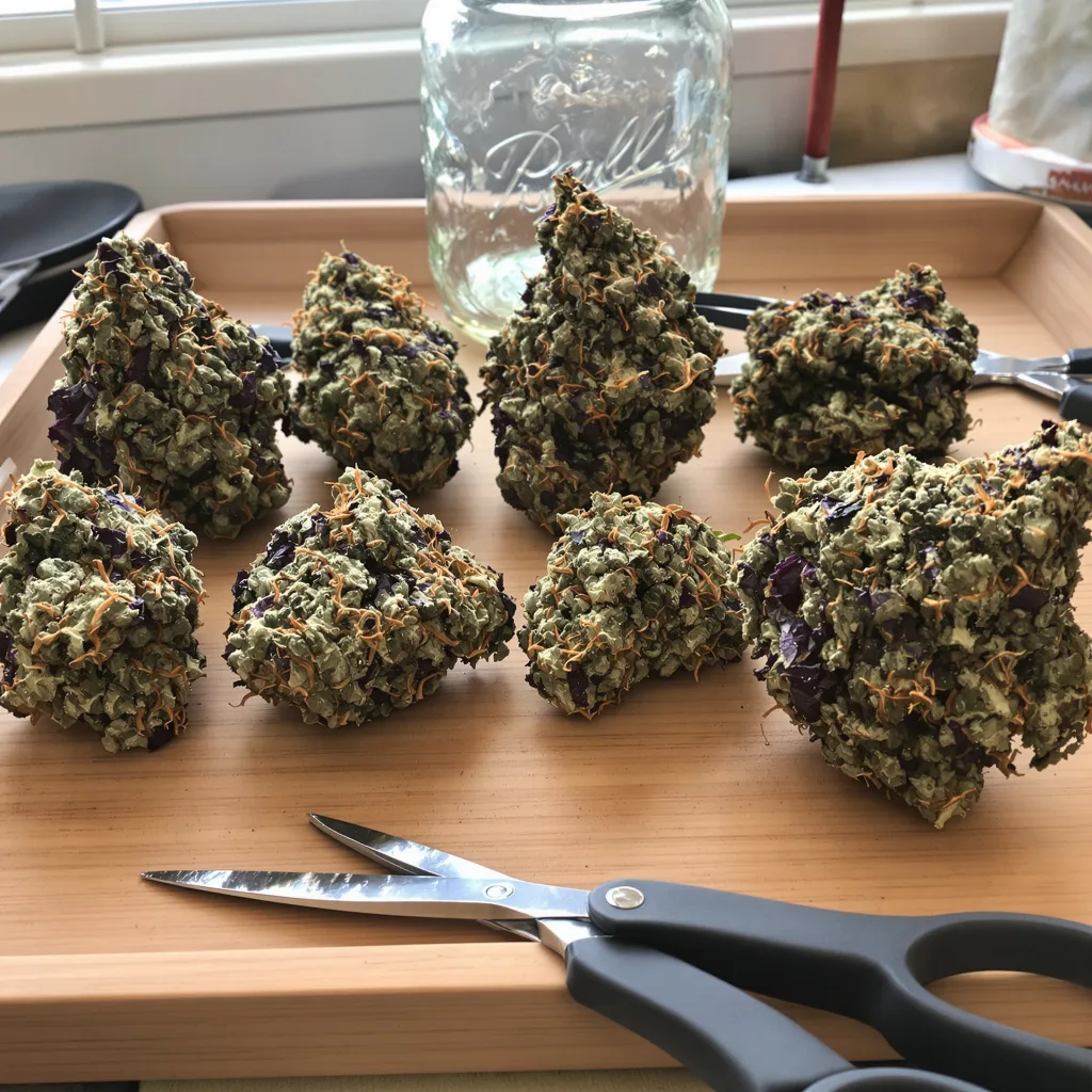 Blue Mystic 68% Indica / 32% Sativa — Blüte mit sichtbaren Trichomen